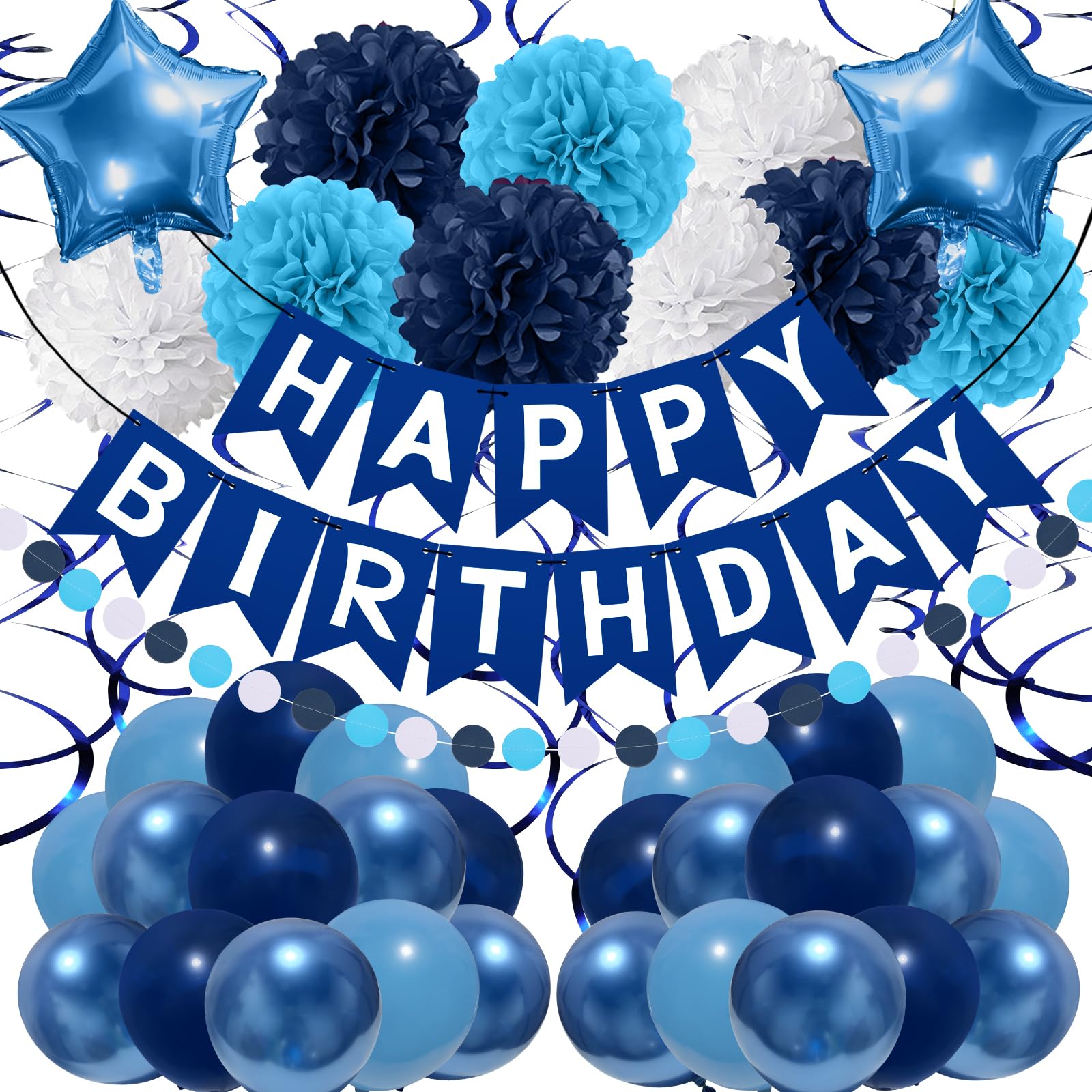 Recosis Blau Geburtstagsdeko, Happy Birthday Banner mit Pompoms Papier Girlande Wimpel Spiral und Luftballon Kindergeburtstag für Mädchen Junge Mann Frauen Geburtstags Dekorationen
