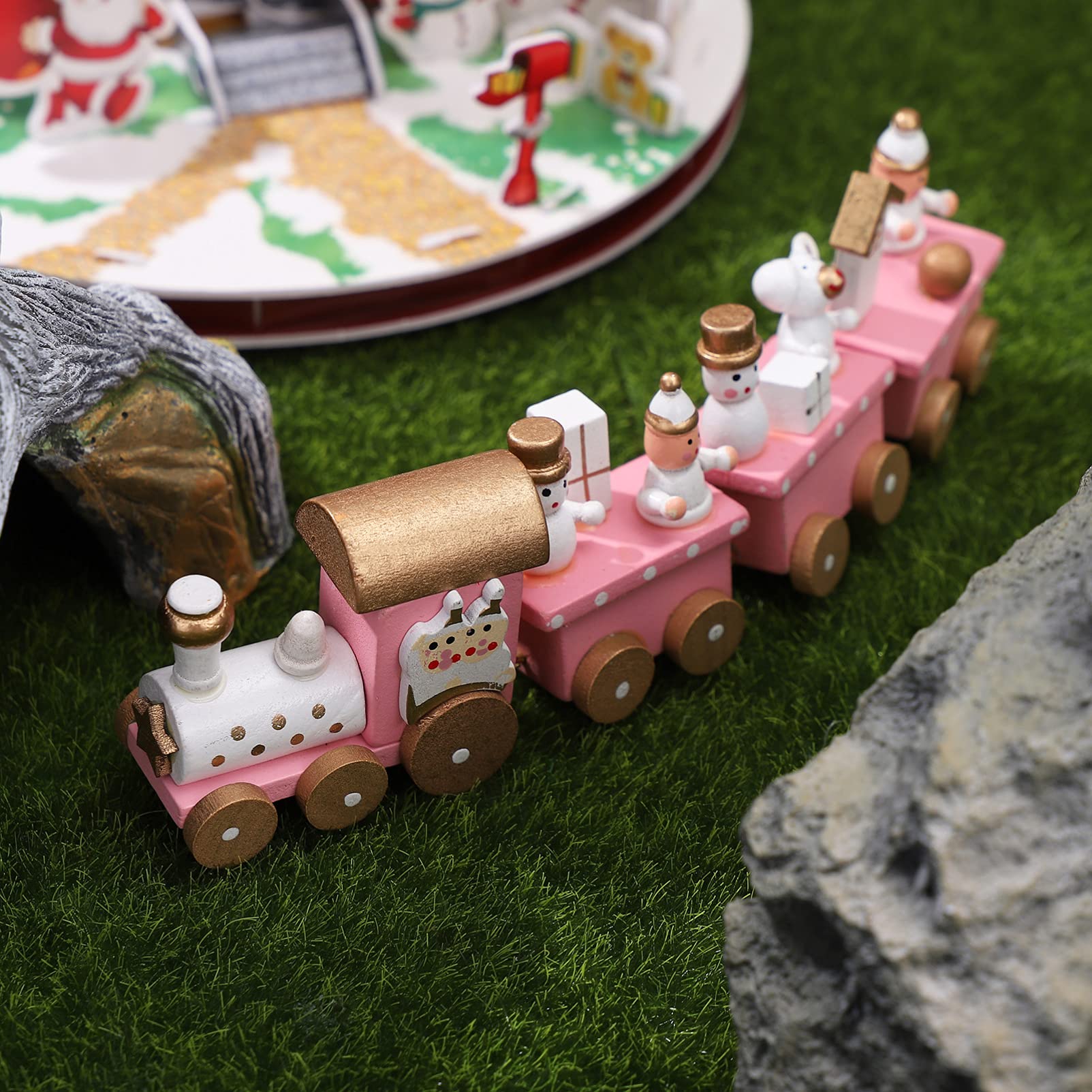 Decoración del hogar, adorno de Santaur, tren de madera de Navidad, mini juguete de tren de 4 secciones con muñeco de nieve y riel de tren, juego de juguetes para niños, decoración de fiesta 9