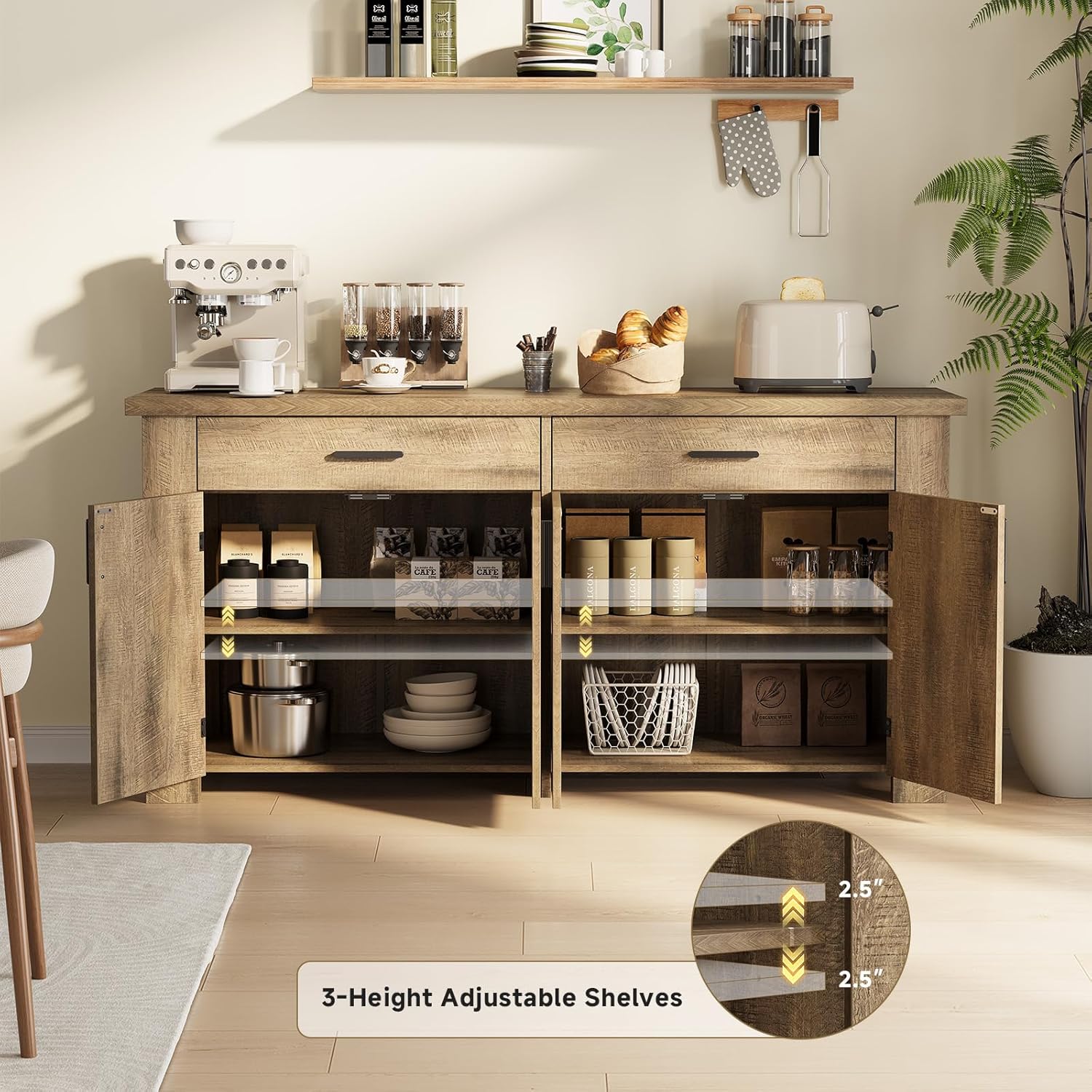 ONBRILL 61 Inch Sideboard Buffet Cabinet with Storage, Buffet Cabinet with 2 Drawers & 4 Doors, Farmhouse Sideboard with Adjustable Shelves, Coffee Bar Cabinets for Living Room, Kitchen, Rustic Brown