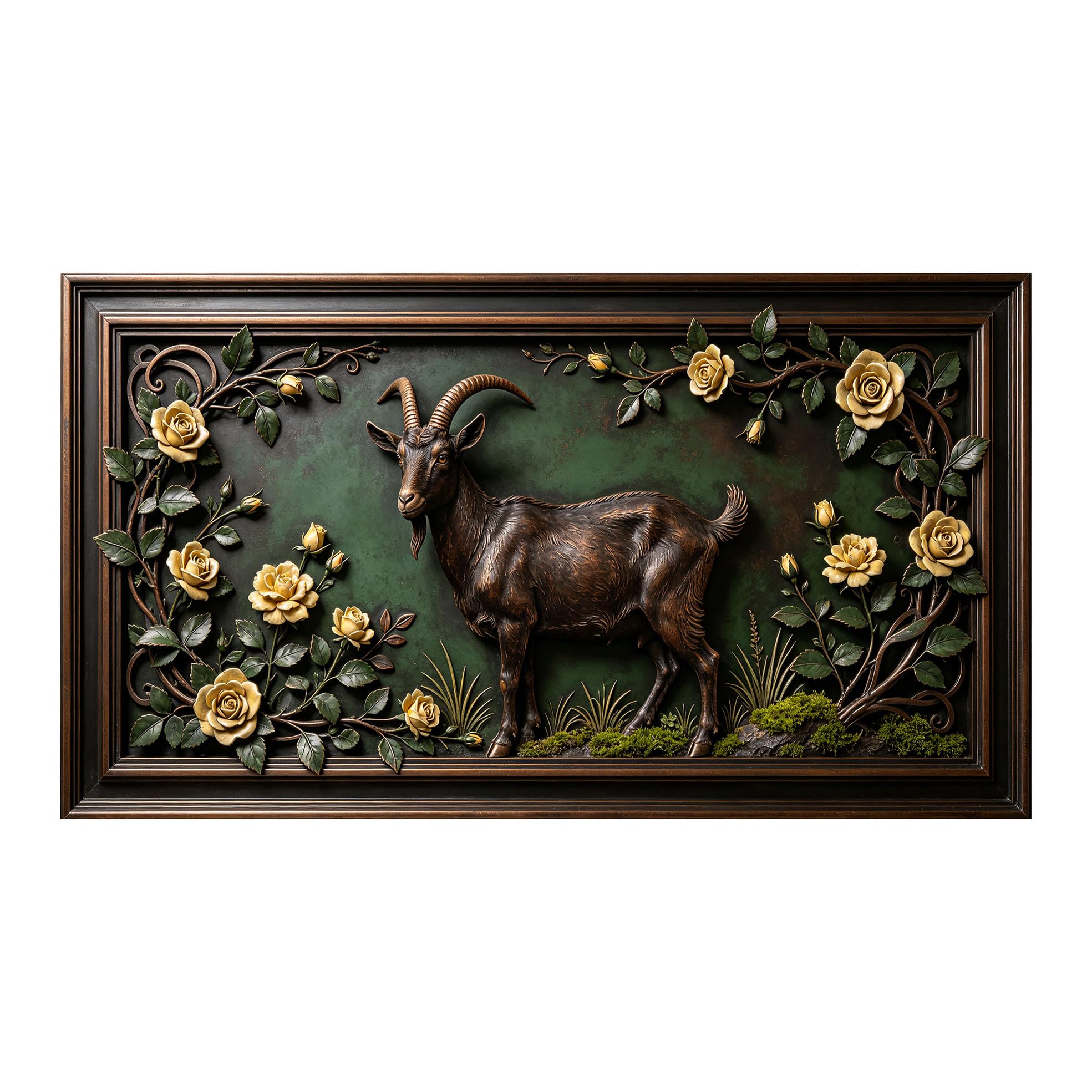 Yzpallescene 3D 3D Framed Wall Art 50cm×90cm Bronze Goat Floral Baroque Relief Effect Large Size SelfAdhesive Removable Wall Decor Prints Artwork for Living Room Bedroom Office