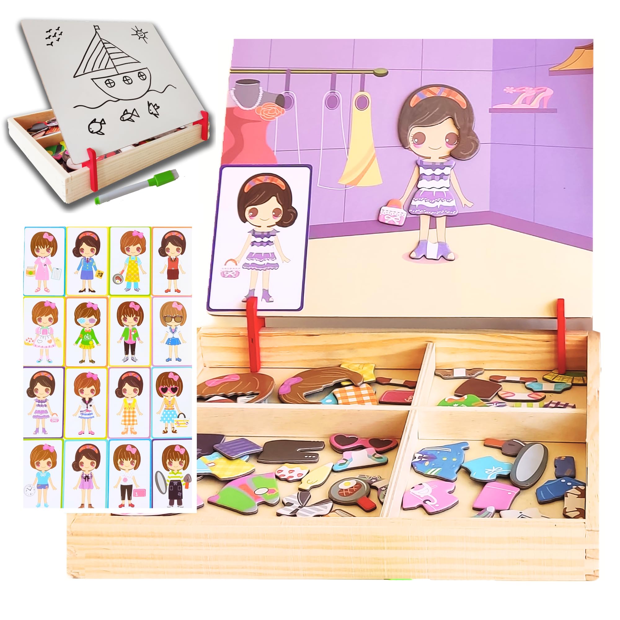 RIMAFI wooden magnetic puzzle board for kids 3 years or more. 2 games in one, puzzle with pattern cards and free drawing whiteboard. Educational jigsaw game, Montessori