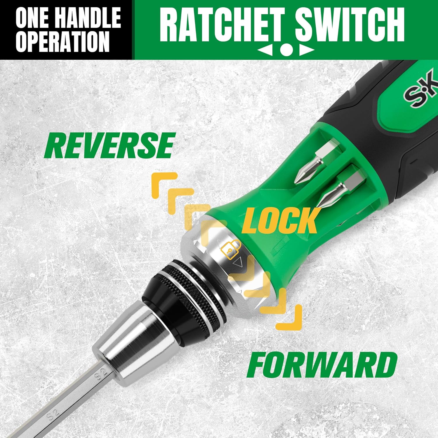 SK 12-in-1 Ratcheting Screwdriver, 216-P, Multi-bit Driver with Quick-Load Mechanism, S2 Steel, with Phillips, Slotted, Star, Square Bits Stored in Handle