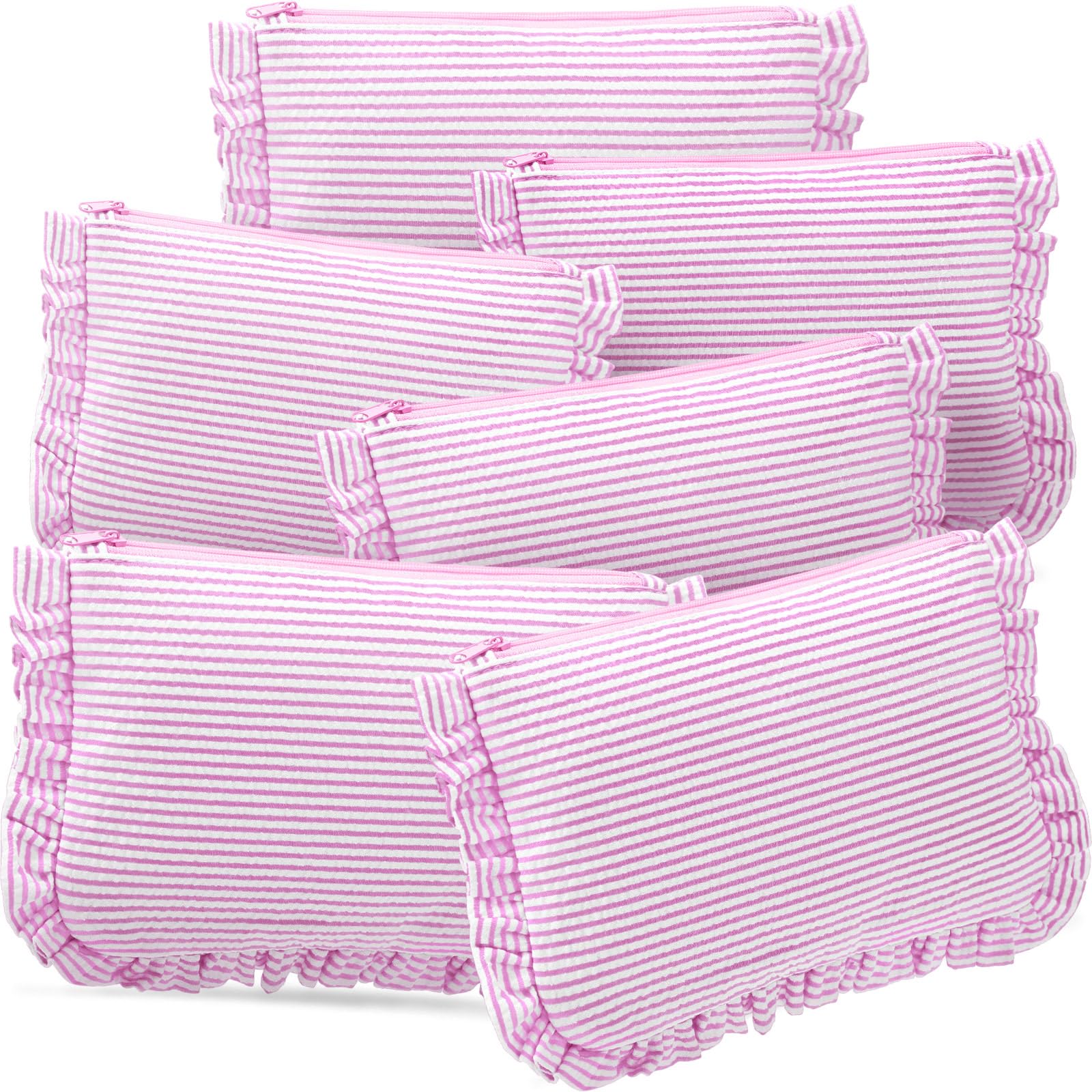 Sanwuta 6 Pcs Seersucker Cosmetic Bag Bulk Striped Ruffle Makeup Bag for Women with Zipper Cute Travel Toiletry Organizer Preppy Storage Pouch for Wedding Embroidery Bridesmaid Gifts(Light Pink)