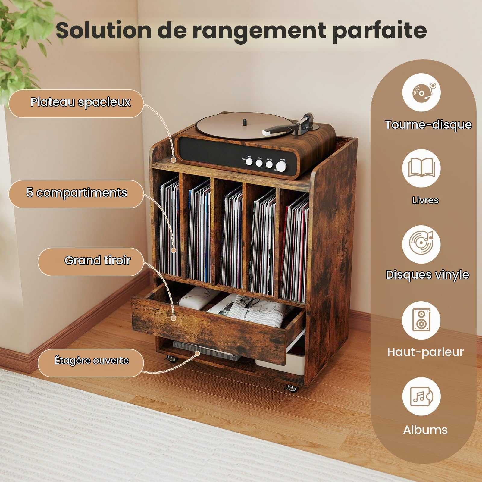 KOMFOTTEU Meuble Platine Vinyle avec roulettes, Meuble Tourne-Disque, 5 Compartiments, Tiroir, Étagère inférieure et Crochets, Armoire pour jusqu'à 180 Albums, 52 x 35,5 x 73 cm (Marron)