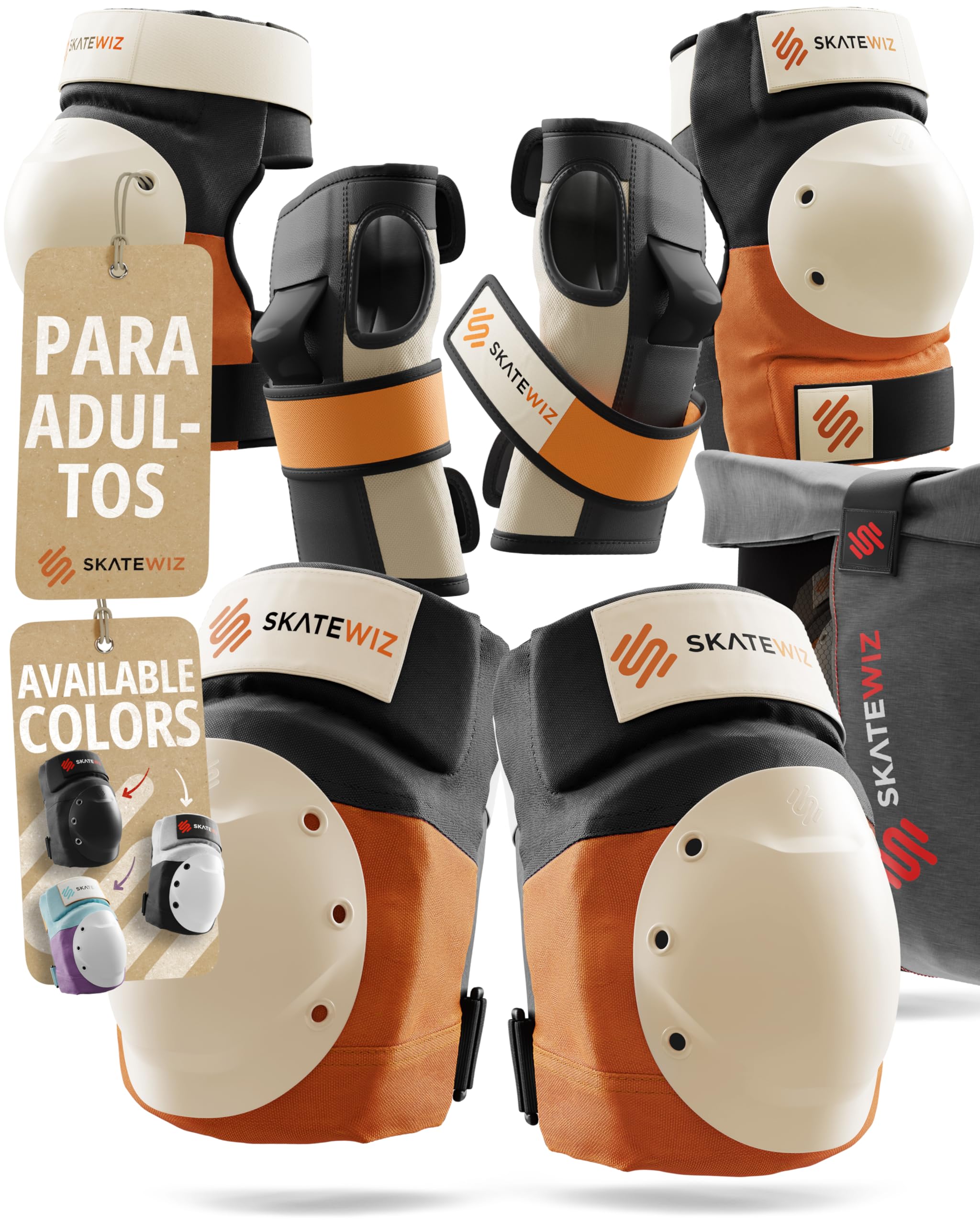 SKATEWIZ Protecciones Patines Adulto, Rodilleras Skate - Protecciones Patines de Hielo - Kit Protección Skate - Rodilleras y Coderas Adulto - Shield Talla L Naranja