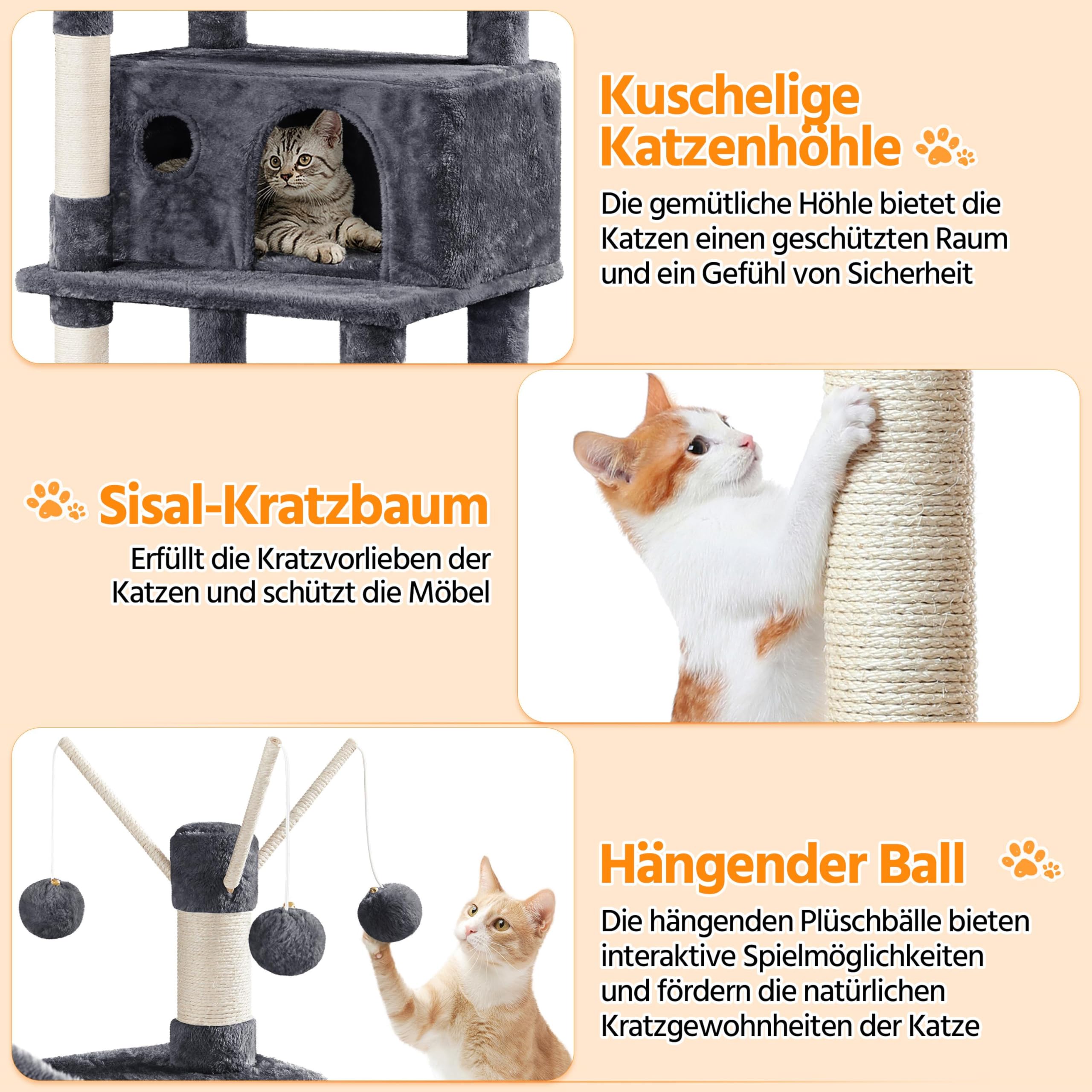Yaheetech 170cm Kratzbaum Katzenbaum mit 3 Katzenangeln mit Ball dunkelgrau | FSC-zertifizierte Spanplatten | Mehrstöckiger Kratzbaum für Katzen | mit Kippsicherung | mit großer Katzenhöhle & Hängematte