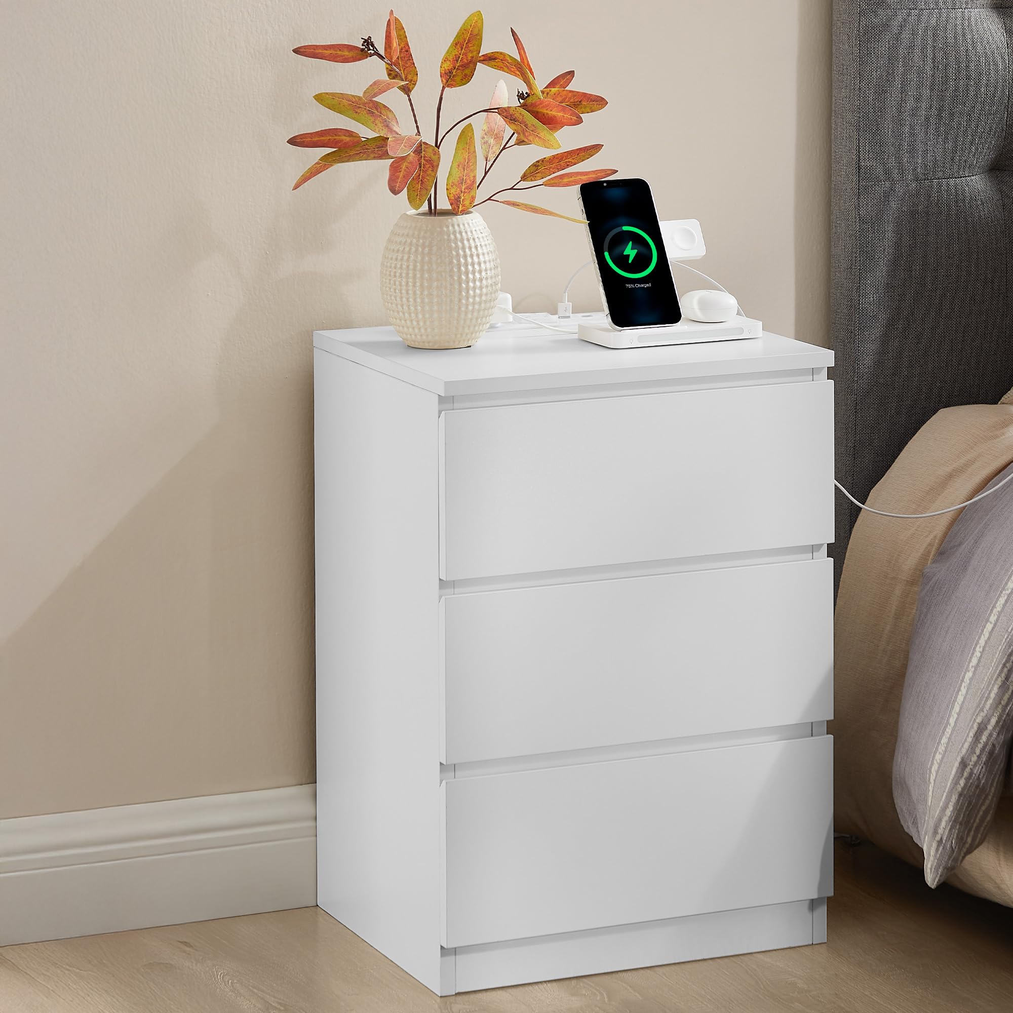 VASAGLE KAILYN Collection - Bedside Table with Power Strip, Side End Table with Drawers, 2 AC Outlets, 2 USB Ports, for Living Room, Bedroom, Study, Cloud White LET631W15