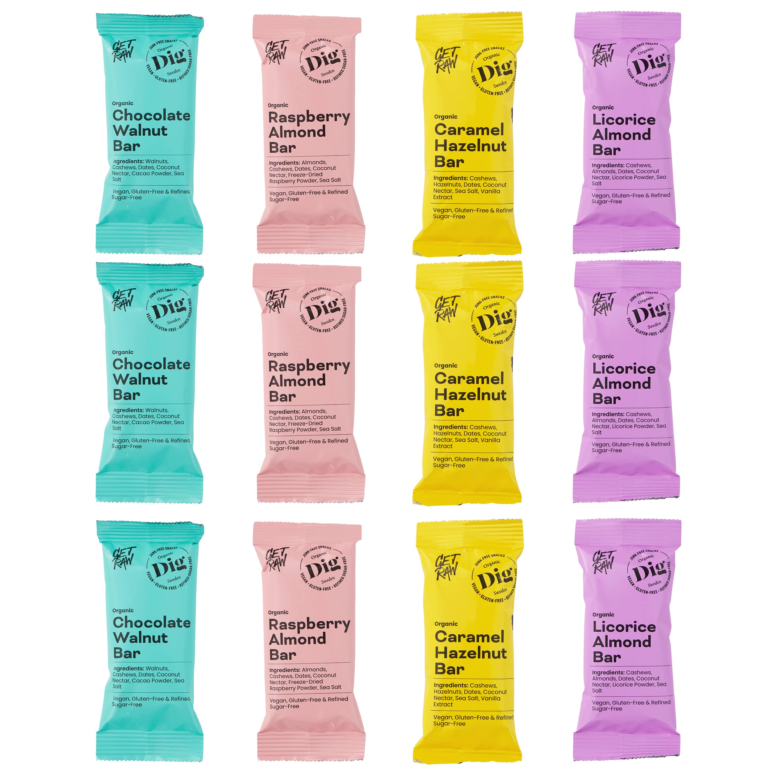 Dig/Get Raw - Bar/Riegel Mix Box - Snacks aus biologischen, natürlichen Zutaten - Vegan, glutenfrei und raffiniert, zuckerfrei (12x42g) - Ein toller Snack für Partys, Firmen, Tagungsräume