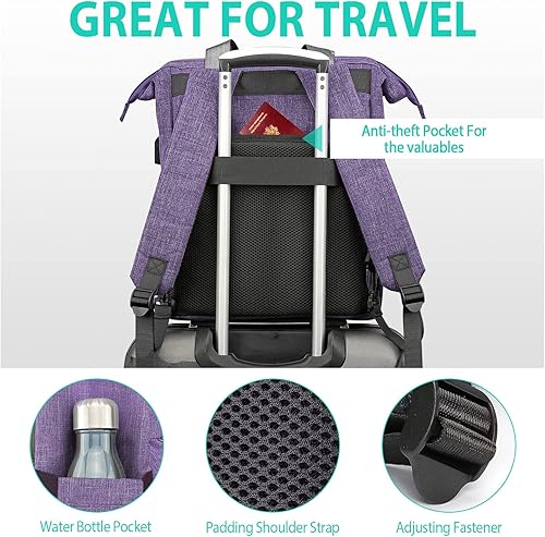 Miniatura 5 de Mochila para laptop para mujer, bolsa de trabajo para laptop de gran capacidad con puerto USB, mochila para computadora de 17.3 pulgadas, resistente