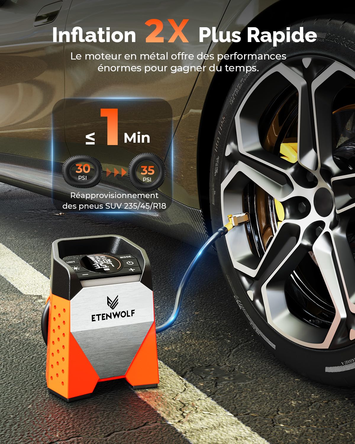 ETENWOLF ZEPHYR S3 7800mAh Compresseur à Air Portatif 11,03 Bar | Pompe à Air Électrique pour Voiture Moto Vélo Ballons - Gonflage Rapide en 1 Min et Lumières LED - Banque d'alimentation USB