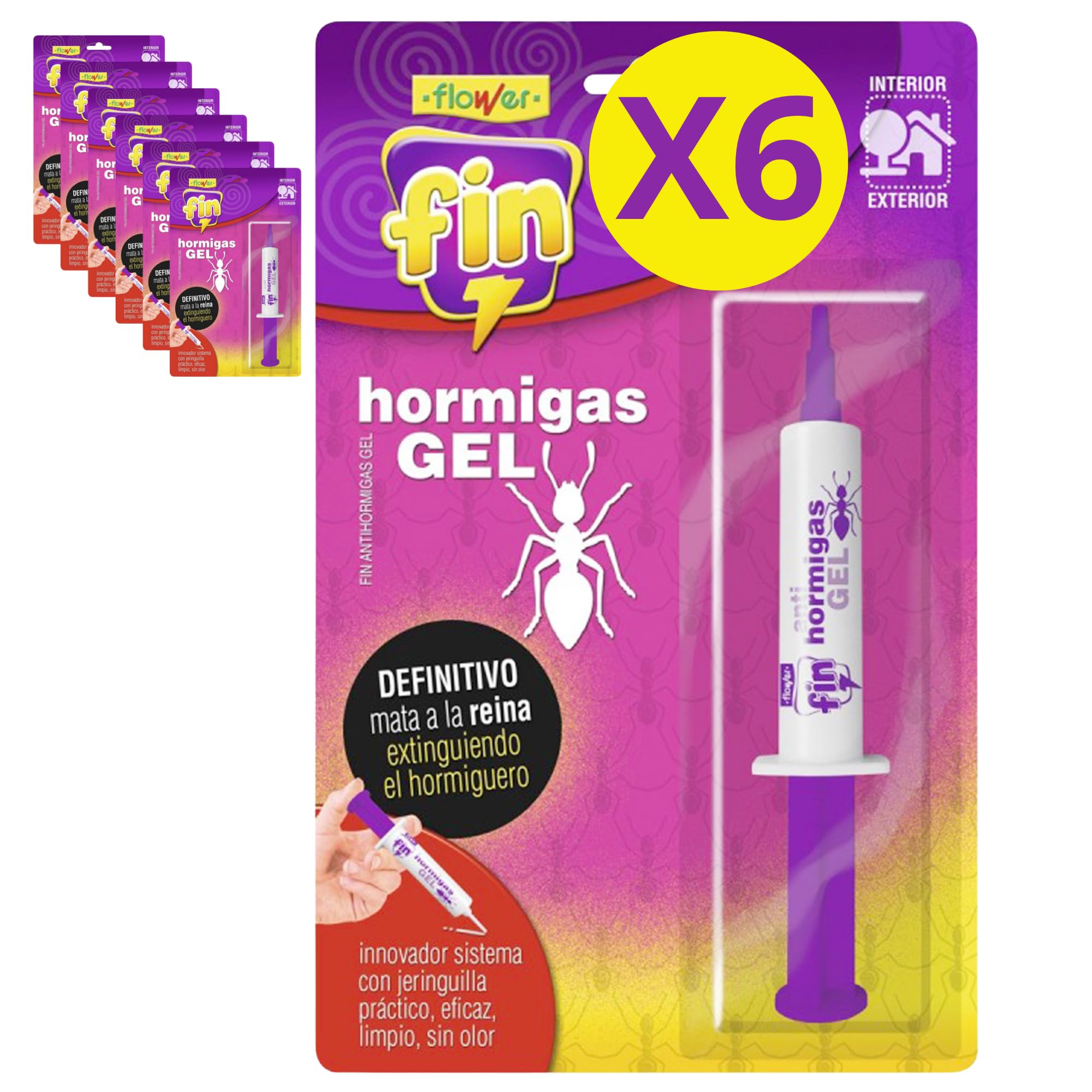 FLOWER x 6 Insecticida Anti Hormigas Formato Jeringa 10 gr | Jeringuilla Antihormigas Eficaz Elimina a Toda La Colonia | Gel Atrayante y Duradero | Interior y Exterior | Aplicación Segura y Sencilla