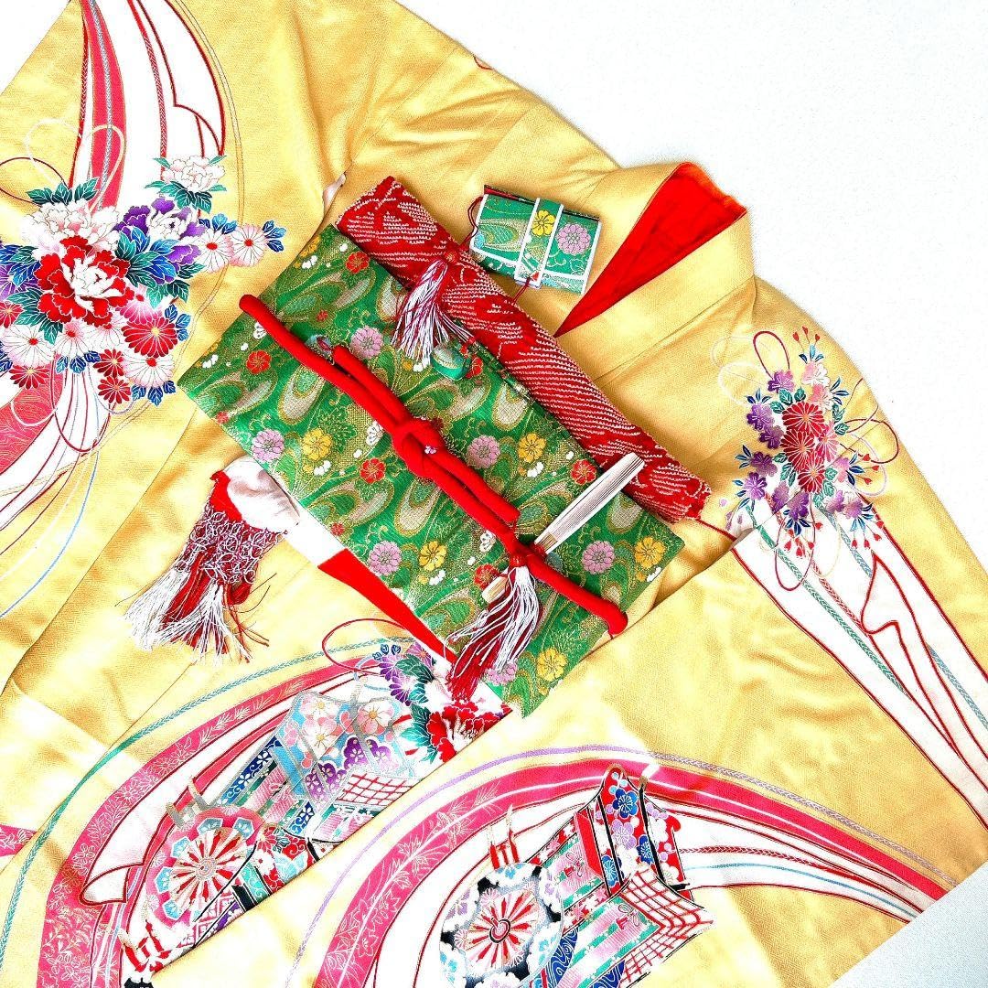 セット七五三7歳女の子着物＆作り帯＆袖なし長襦袢＆小物クリーム色花御所