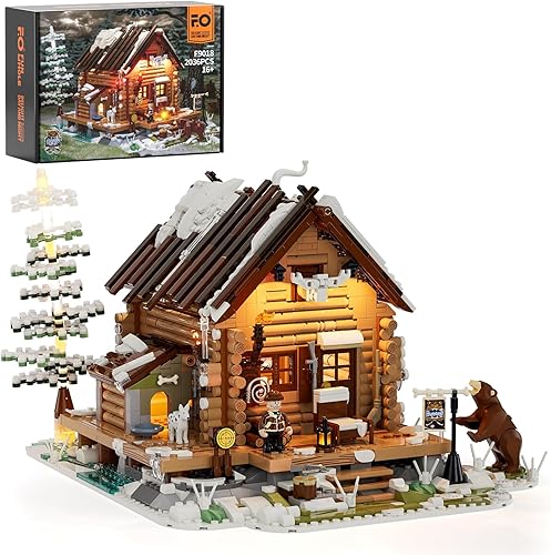 FUNWHOLE Hunting-Cabin Lighting - Juego de ladrillos de construcción de cabaña retro de madera, luz LED, modelo de construcción, 2036 piezas para