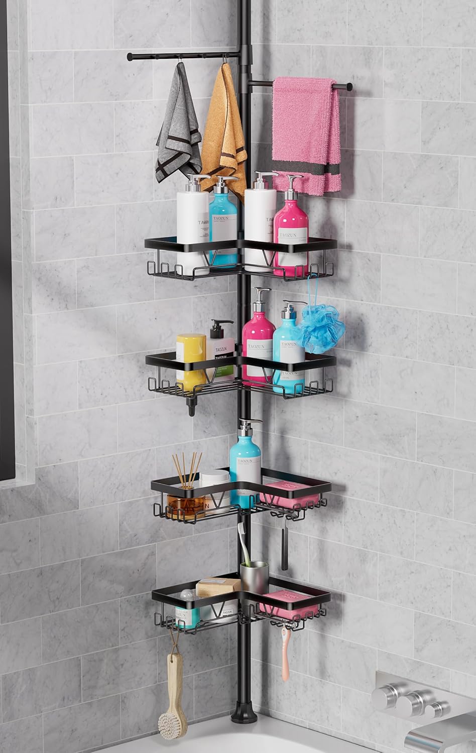 Taozun Shower Caddy Organizer Tension Pole, Rustproof 2 Towel Bars and 4 Adjustable Shelves, 25-114.2 Inch No-Drill Quick Installation, Extra Soap Dish for Bathroom Storage Black