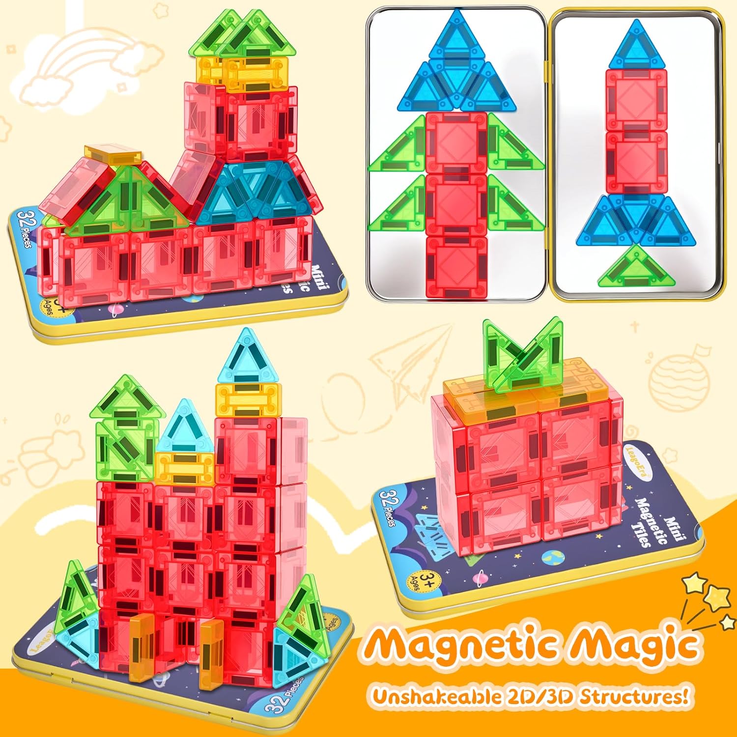 Magnetic Tiles Magnetic Blocks Building Toy: Portable Mini Magnetic Tiles Travel Set 32 Pieces Montessori Toys Birthday Gift for Kids Girls and Boys Ages 3-12 Years Old Preschool Classroom Must Haves - Image 6