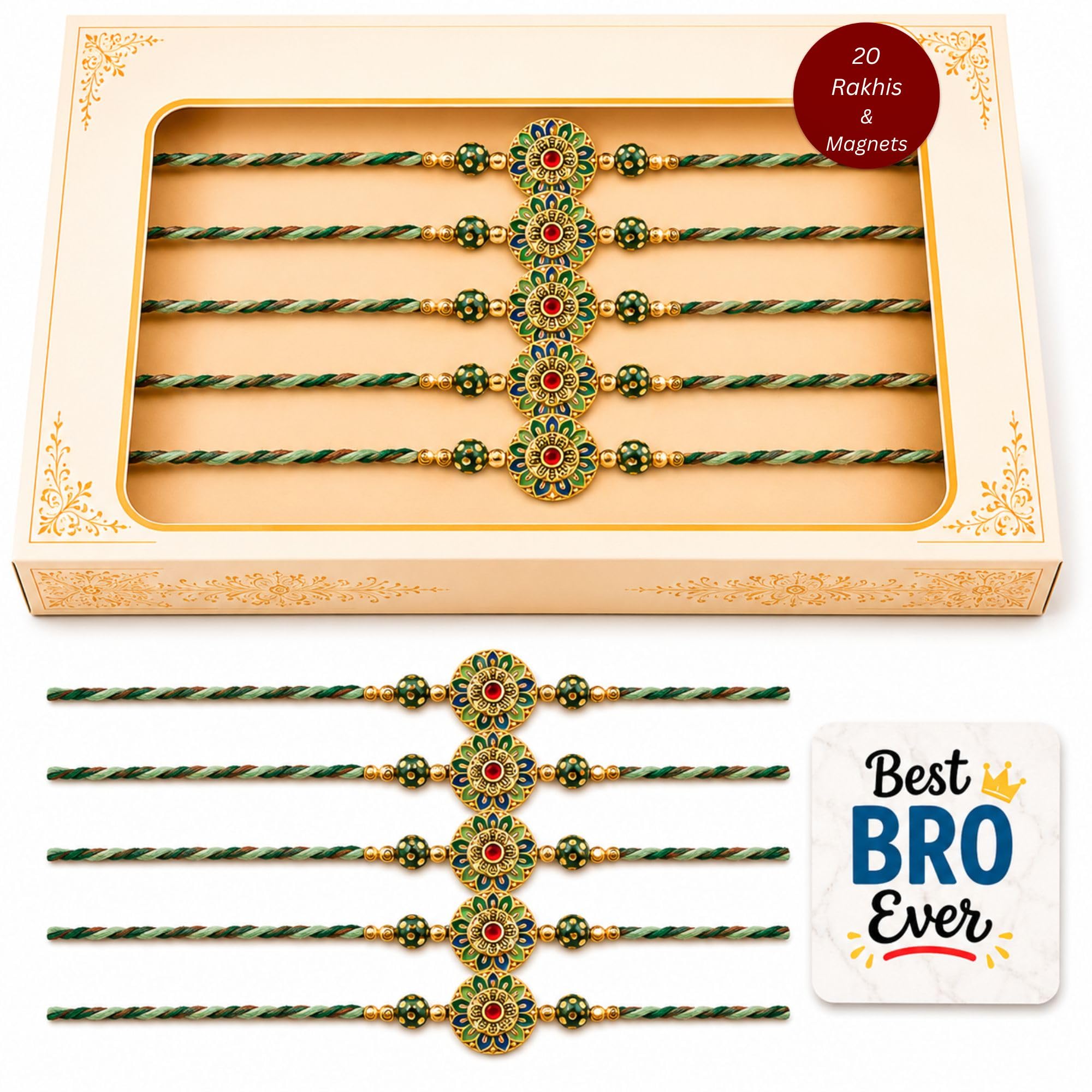 eCraftIndia Pack of 20 Multicolor Flower Designer Rakhi for Brother Bhai Bhaiya | 20 Best Bro Ever Fridge Magnets Gift Combo Set | Roli Chawal Pack | Raksha Bandhan Floral Rakhi Collection