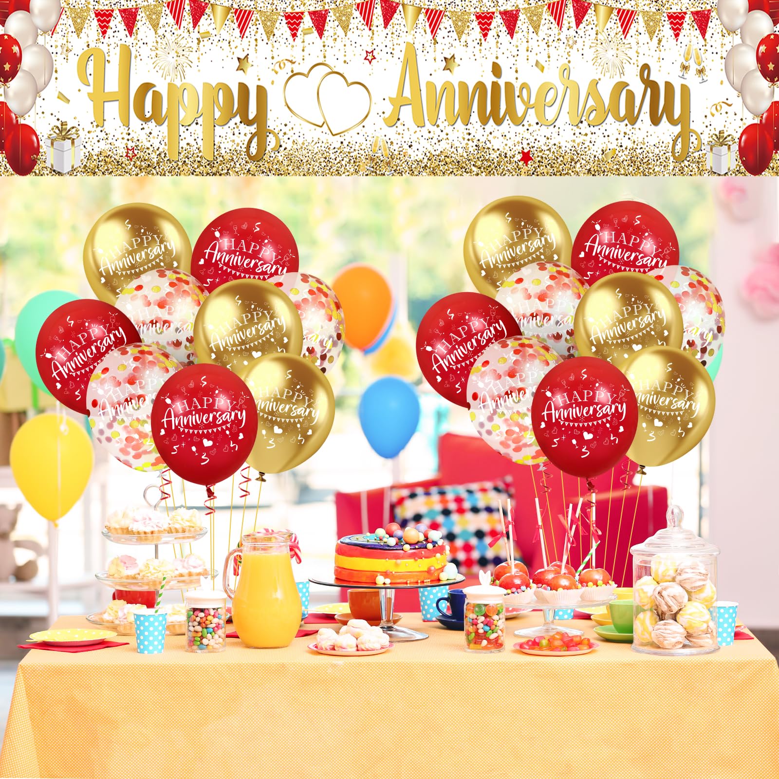 Red Gold Decor Red \u0026 Gold Happy Anniversary Banner - Celebration Decor For  Anniversary Parties \u0026 Events Red Gold Anniversary Decor, image size:1600x1600