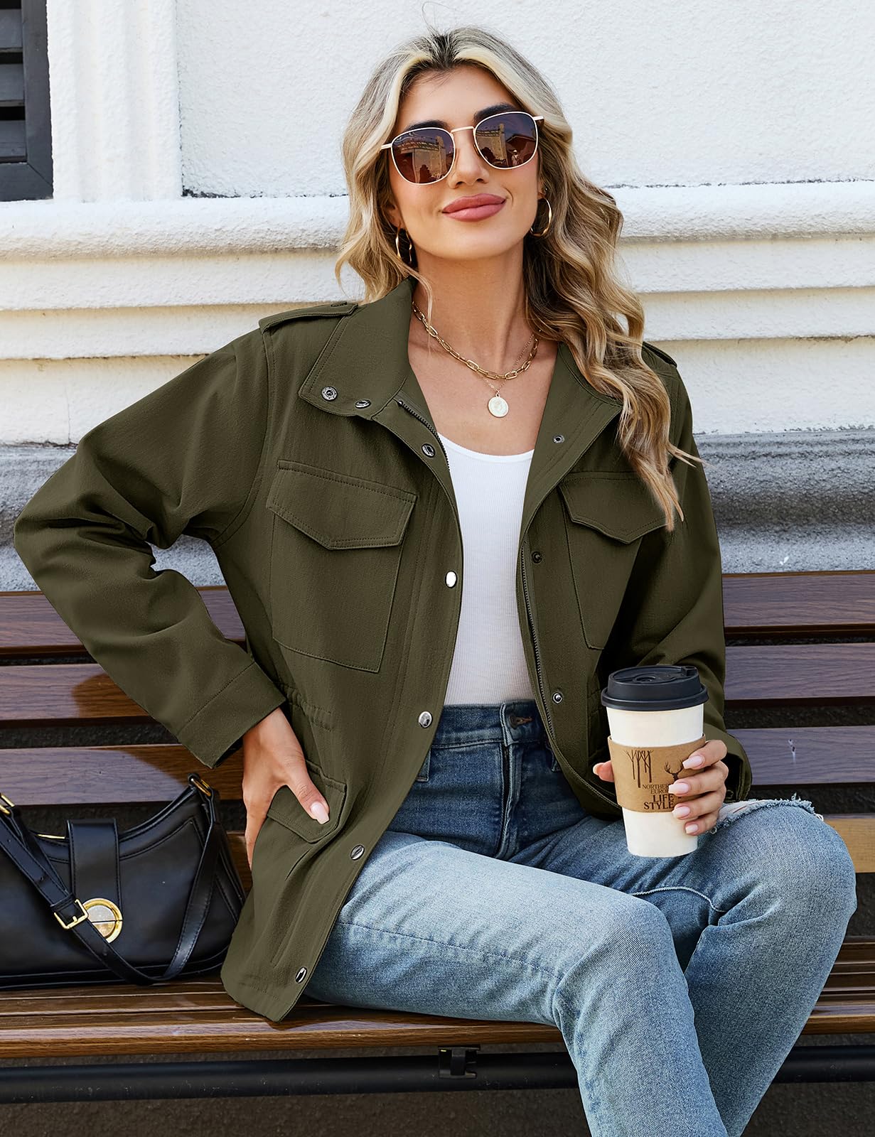 Tuopuda Giacca da Donna Cotone Militare Cappotto Leggera Zip Up Parka Utility Giacche con Tasche Primavera Autunnale