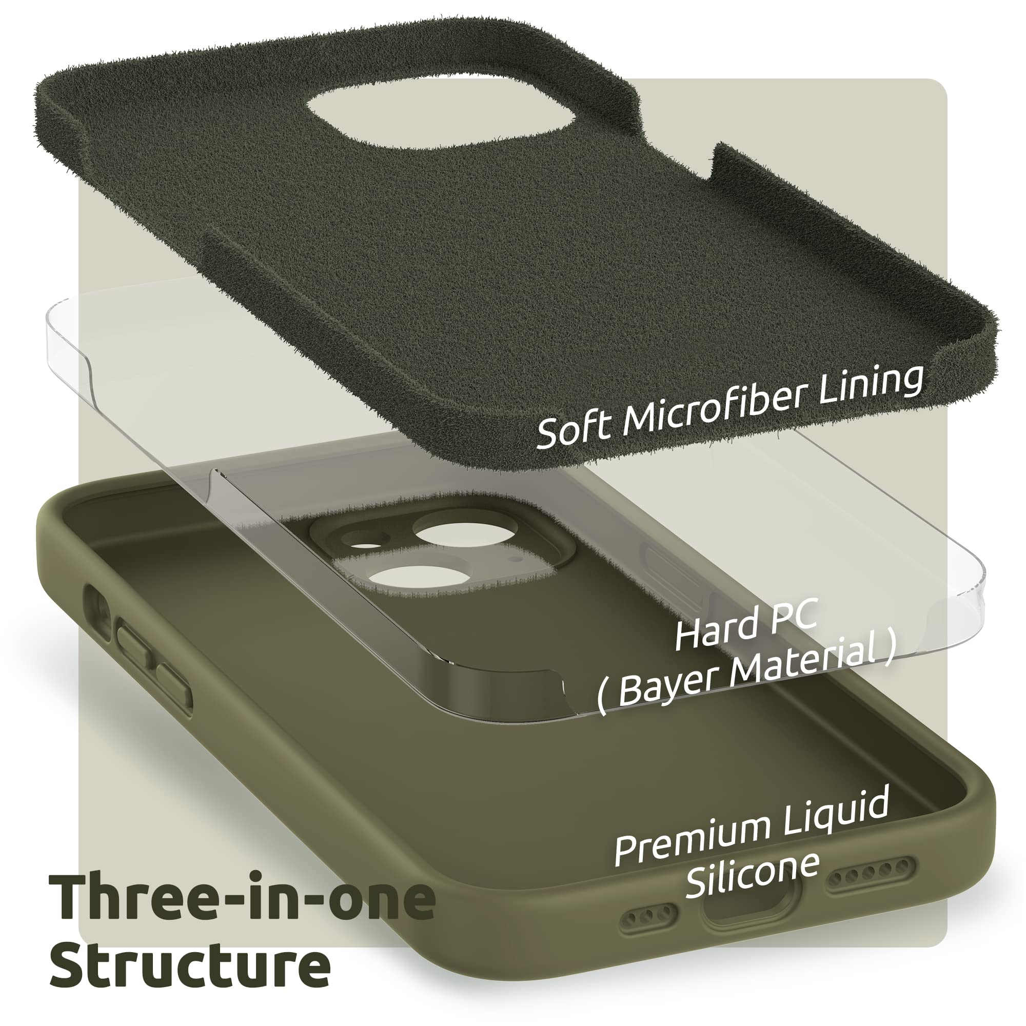 SURPHY Cover per iPhone 13 con Vetro Temperato (6,1"), Custodia per iphone 13 Silicone con Protezione Fotocamera, case protezione Completa,Antiurto, Morbida Microfibra Antigraffio (Verde kaki)
