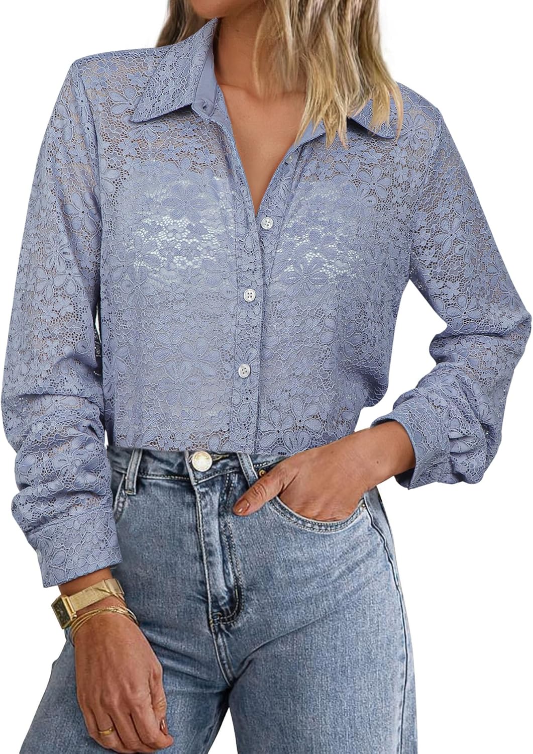 Angashion Women Dressy Casual Tops Long Sleeve Lace Button Up Shirts V Neck Trendy Tunic Loose Blouses