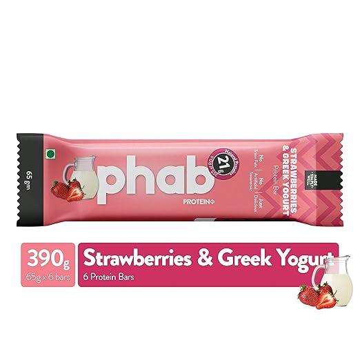 Phab Protein Bars with 21g Protein, No Preservatives, No Artificial Sweeteners, Zero Trans Fats, Goodness of Honey | Pack of 6 x 65g Bars | Strawberries & Greek Yogurt