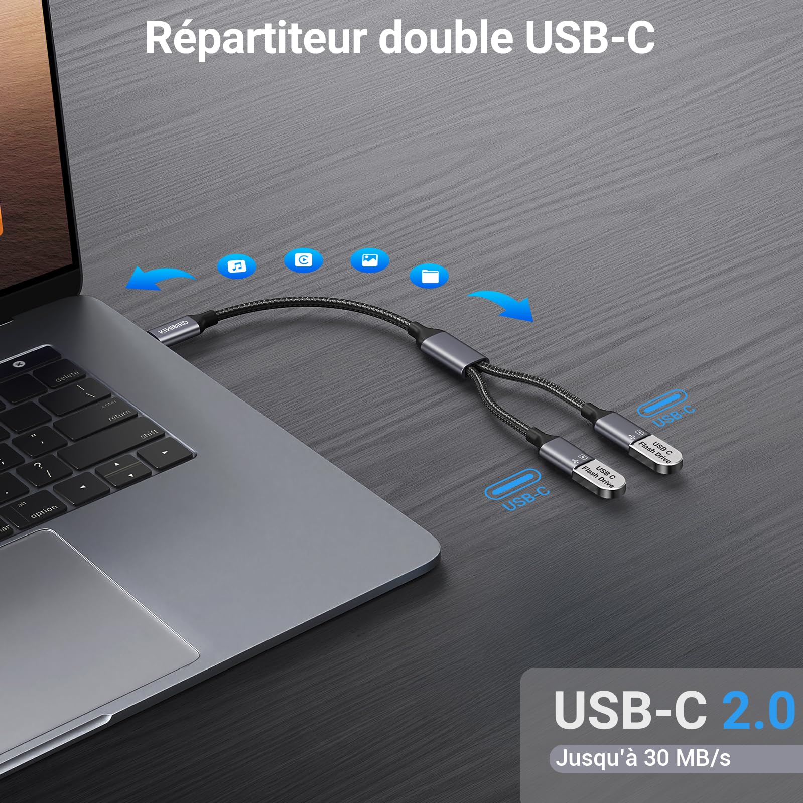 Adaptateur Double USB C mâle vers femelle KiwiBird pour charge données ordinateur portable Mac