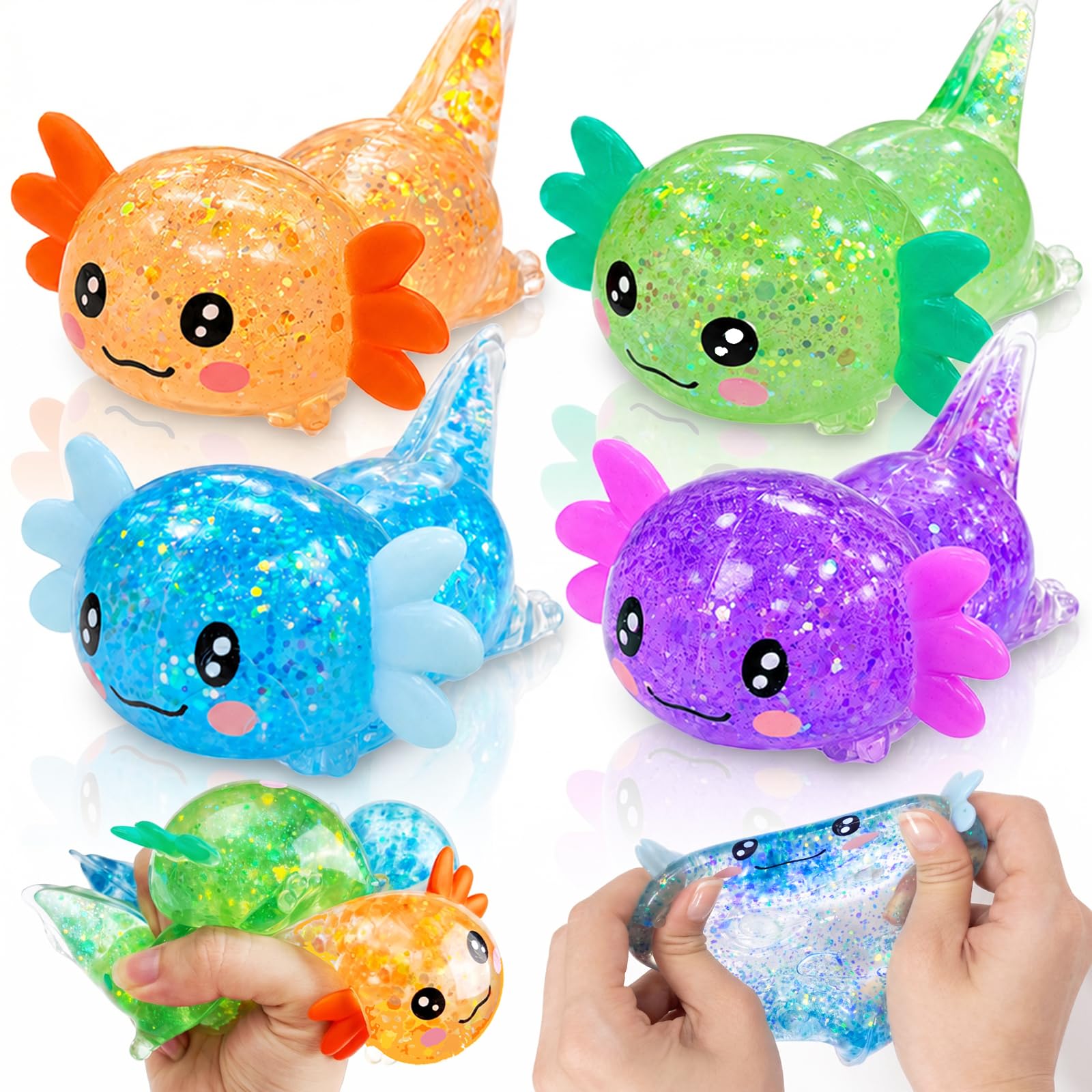4pcs Axolotl Glitter Squishy Stress Toys,Fidget Toy Cute Malt Sugar Axolotl Toy Adults Sensory Toys for Kids Youth Adult, Party Favors Anxiety Relief Taba Squishy Toys