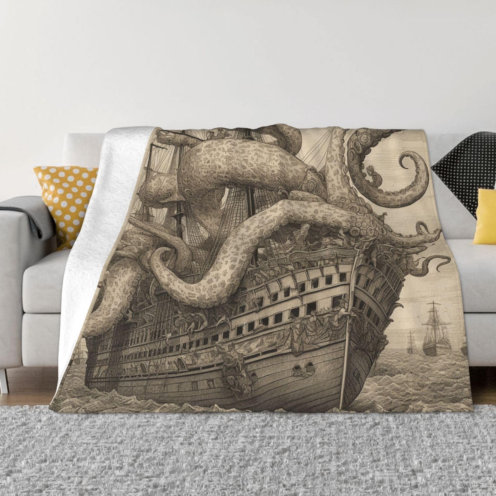 FodPand Sailing Pirate Octopus Fleece Blanket 60"x50" Lightweight Warm Throw Blanket for Bed Couch Cozy Air Conditioning Quilt All Seasons Decorative Fuzzy Blankets Gifts for Women Men