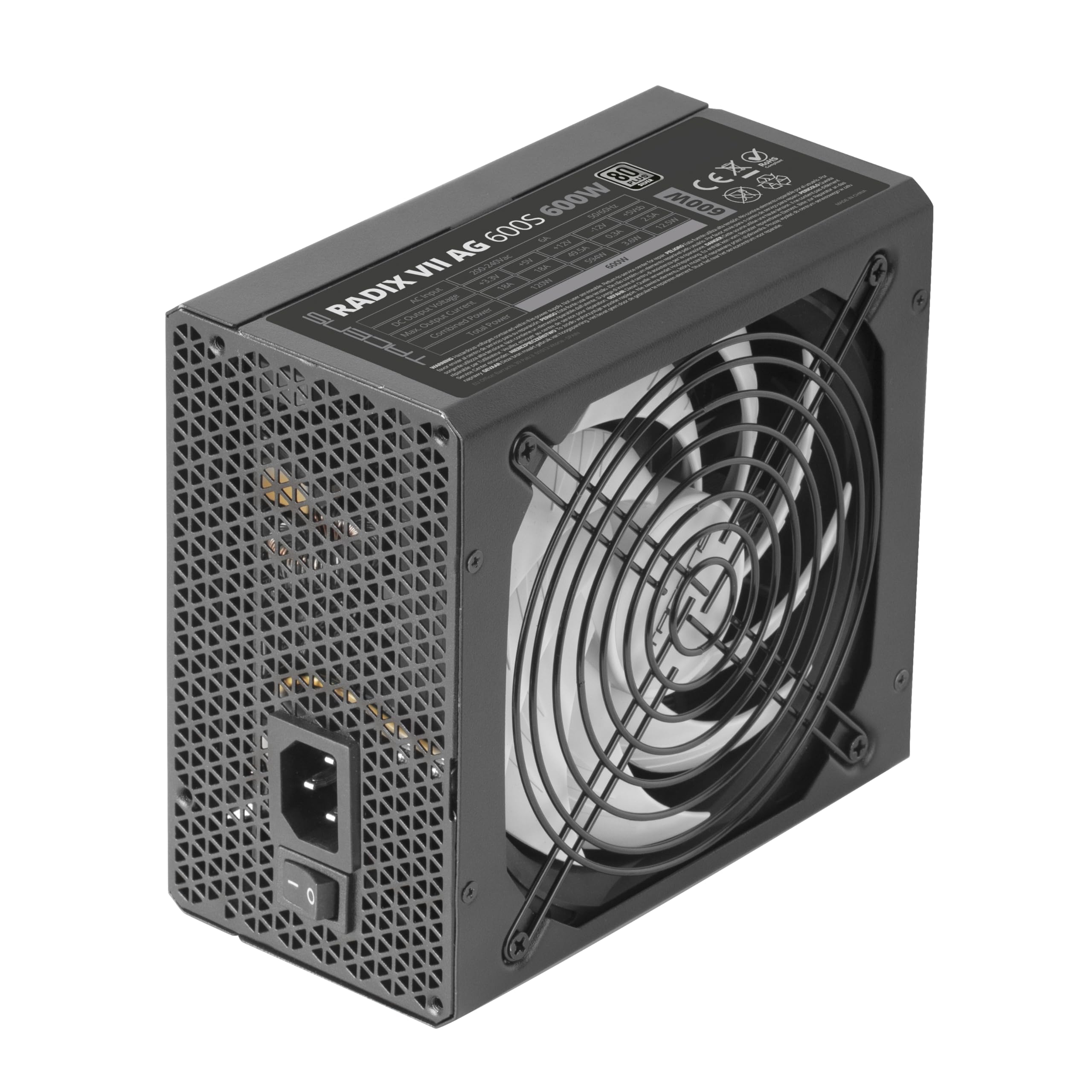 Tacens RADIX VII AG 600S, Alimentatore PC ATX 600W, 10 Anni di Garanzia, 80Plus Silver, 87% di Efficienza, Tecnologie SMD e DC-DC, Ventola AI-RPM 140mm FDB, Condensatori Giapponesi TK 105º, Nero