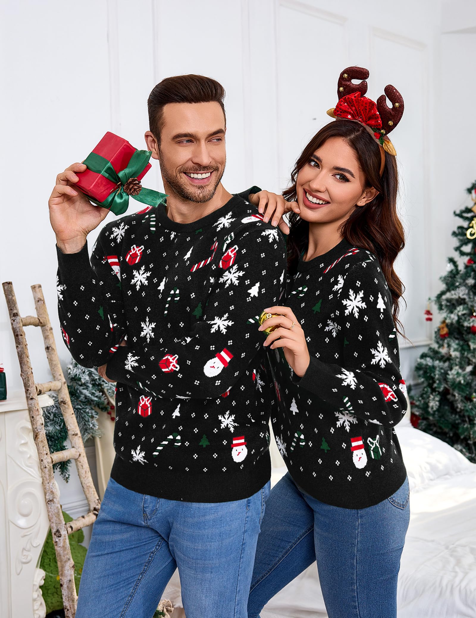 Aottori Weihnachtspullover Damen Herren Weihnachtspulli Familie Set Rundhals Langarm Strickpullover Christmas Unisex Weihnachten Pullover Warm mit Schneeflocken Muster