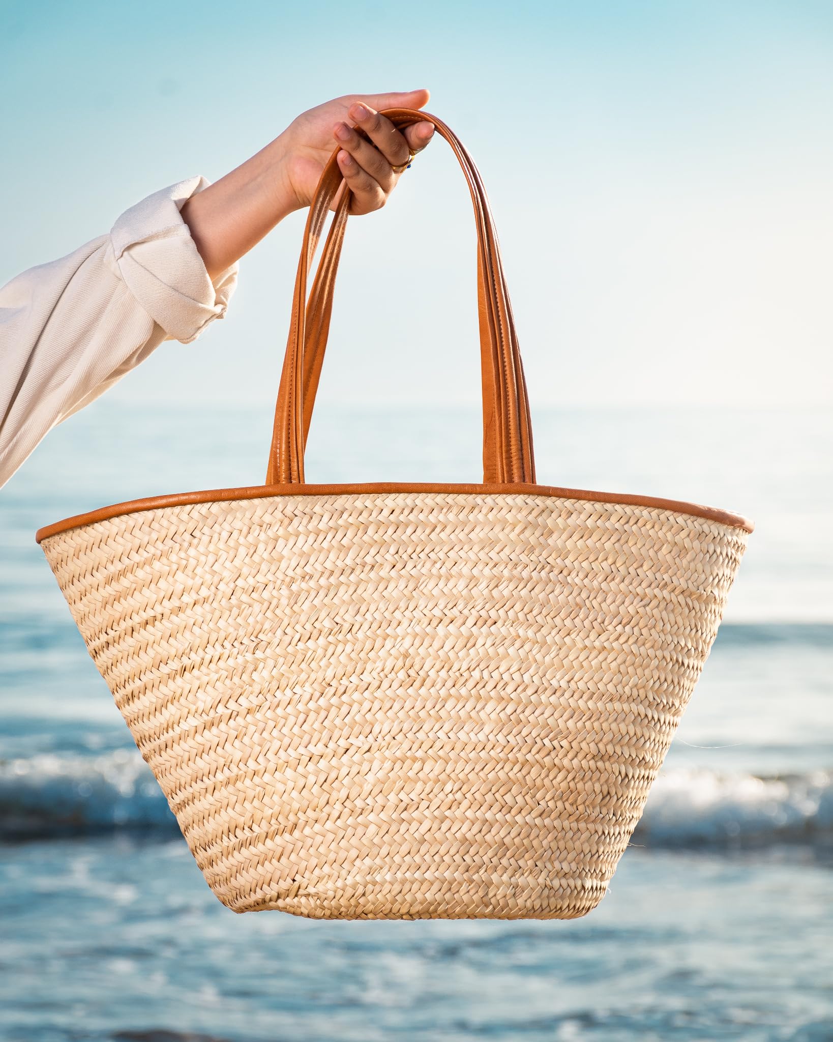 Sac de courses - En Osier Naturel - Avec Doublure et Poche - Finitions et Poignée en Cuir - Pratique, grande capacité et Multi-usage