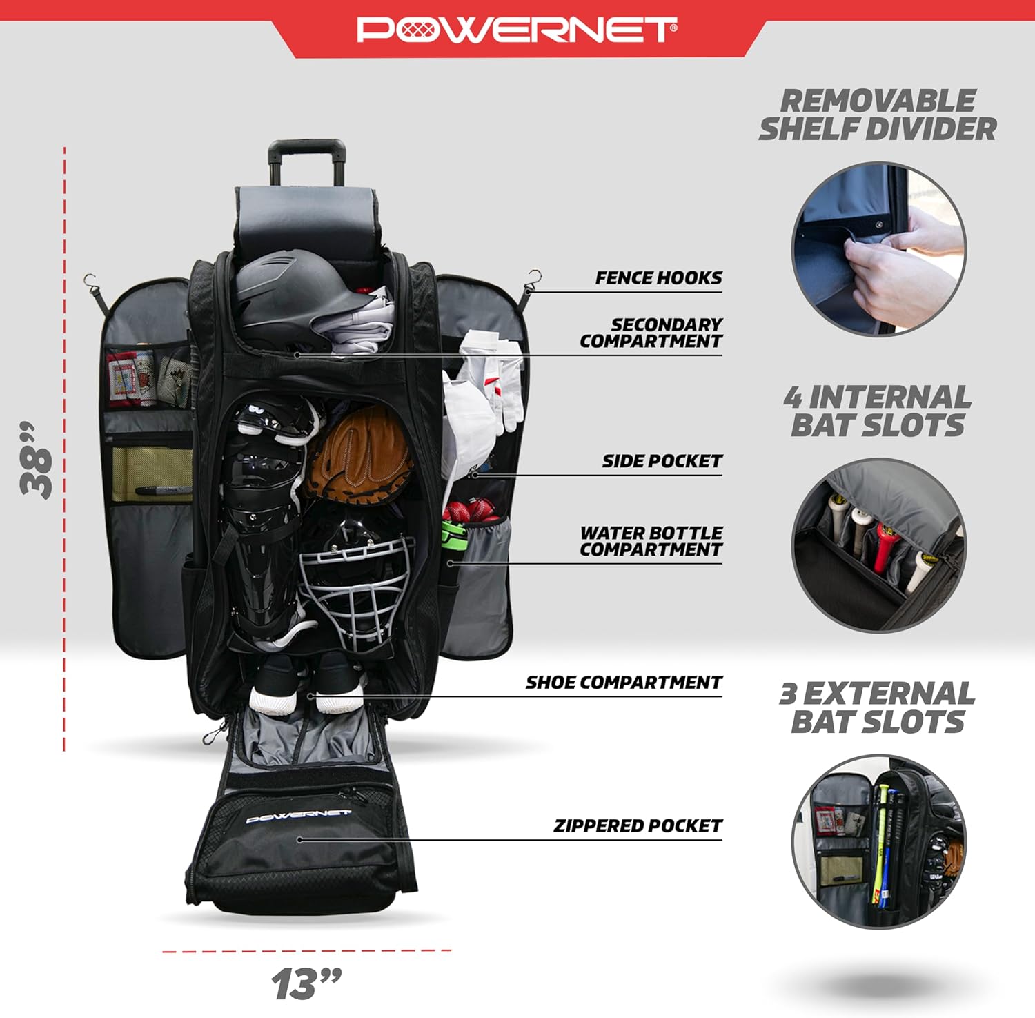 PowerNet Optimus Catcher's Bag, Rolling Equipment Bag Holds All Baseball & Softball Gear, 7 Internal Bat Sleeves, Cleat Compartment, Personalization Panel & Hooks - Image 3