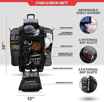 PowerNet Optimus Catcher's Bag, Rolling Equipment Bag Holds All Baseball & Softball Gear, 7 Internal Bat Sleeves, Cleat Compartment, Personalization Panel & Hooks
