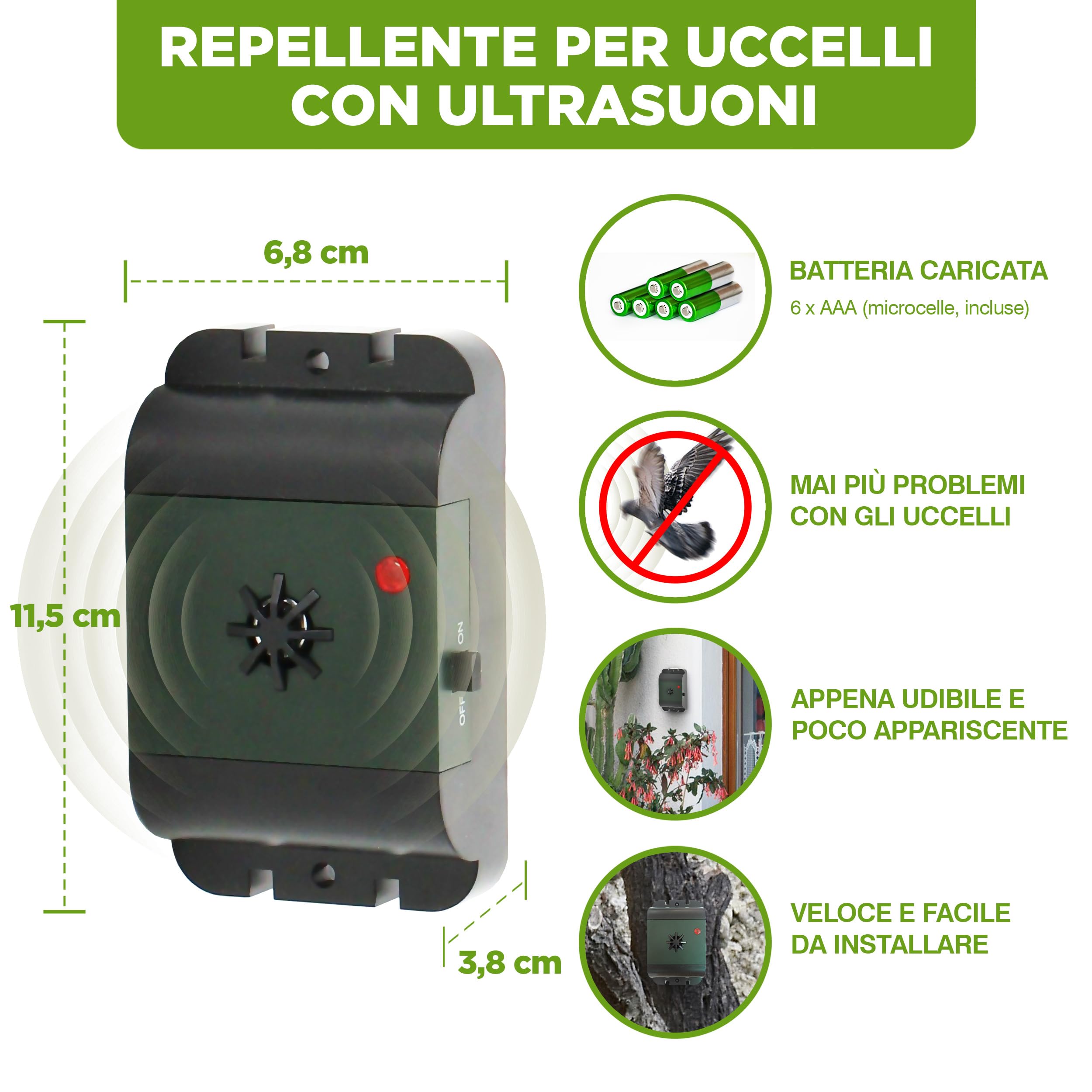 ISOTRONIC Deterrente per uccelli a ultrasuoni Dissuasore a batteria per balcone finestre alberi