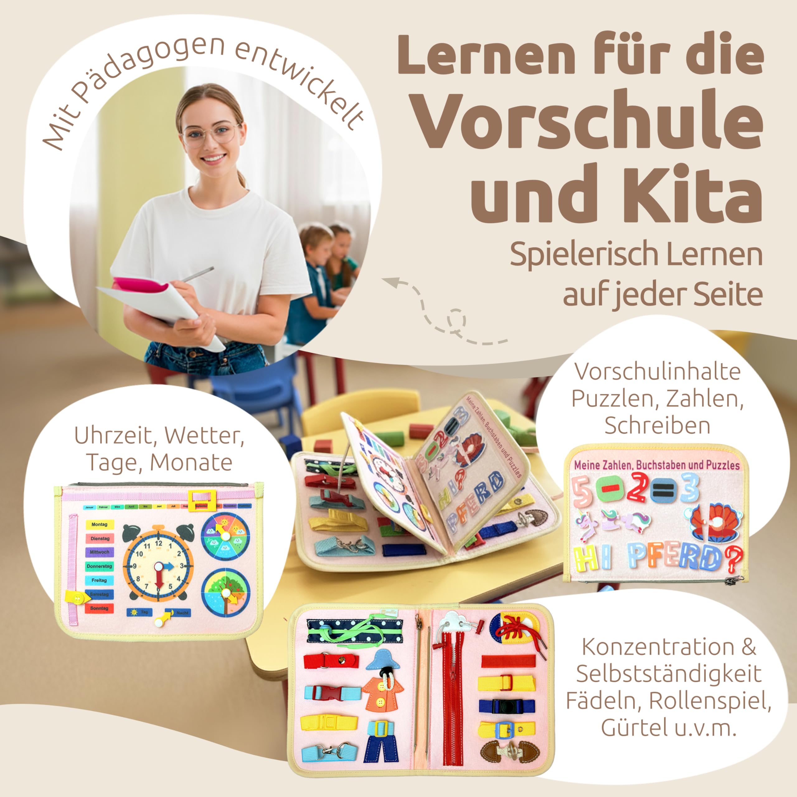 Mallie® Montessori Busy Board ab 1 2 3 4 Jahren inkl. Gratis Mal & Rätsel 48-Seiten Heft mit Rollenspiel-Set & Fingerpuppen Lernbuch - Feinmotorik & Konzentration Quiet Book, Activity Board Quiet Book