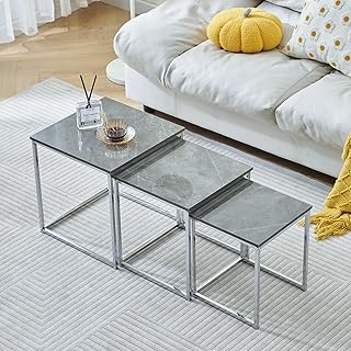 Marble Nest of Tables Set of 3,High Gloss Grey Nesting Tables Wood Side Table End Tables Coffee Table with Square Top&Metal Frame for Small Space Living Room Bedroom Office(Like-Marble Grey)