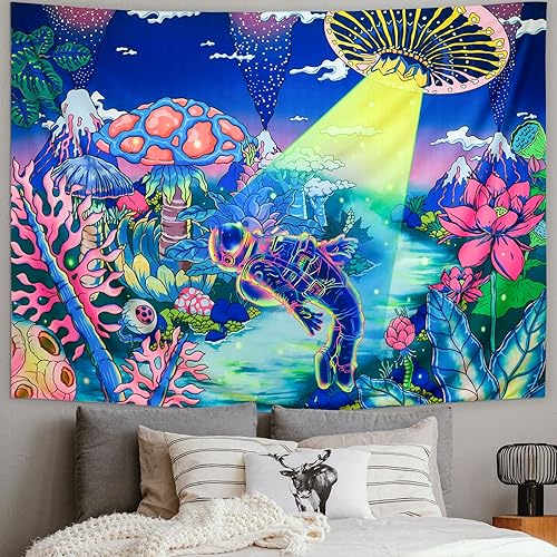 Miniatura 5 de Amhokhui Tapiz de astronauta de luz negra, tapiz de plantas de fantasía reactiva a los rayos UV, tapiz de ovni alienígena, tapiz colorido floral de