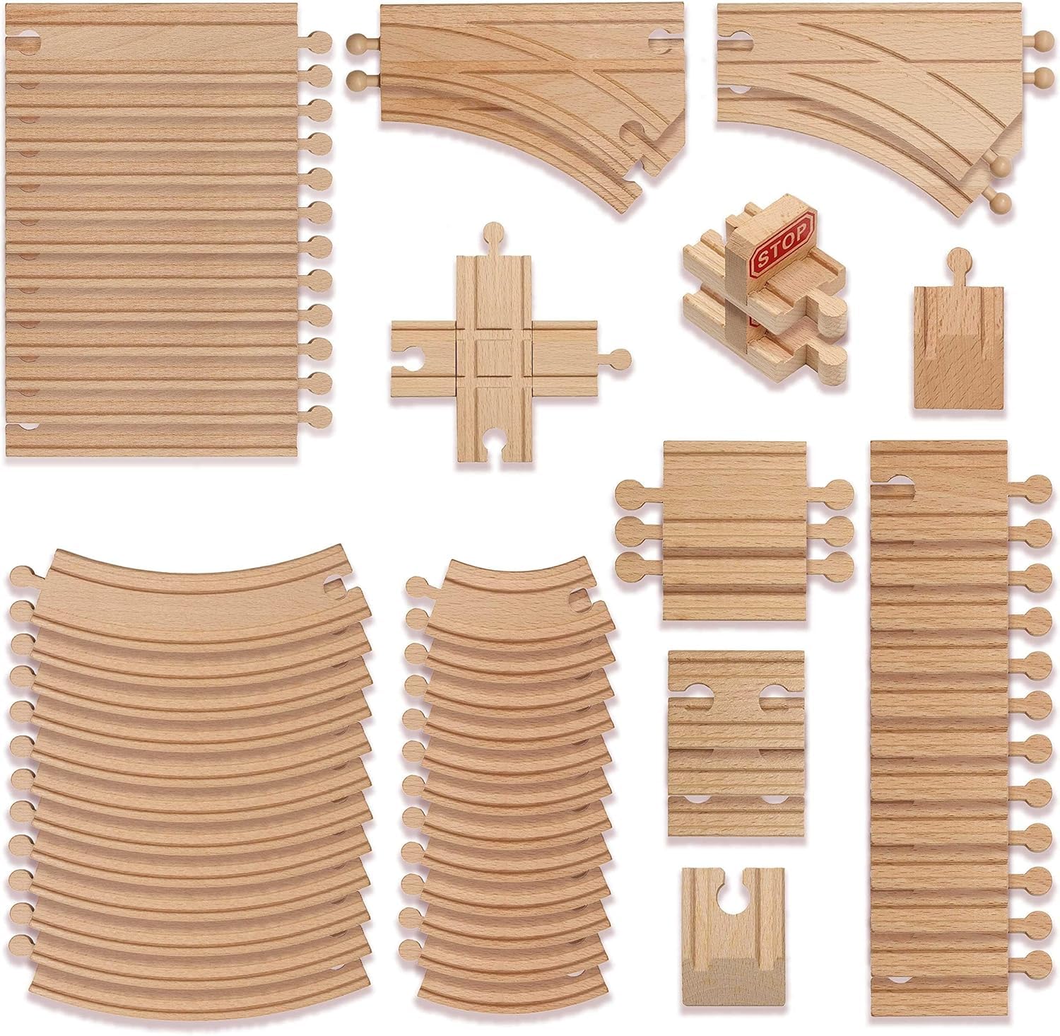 THE TWIDDLERS 128 Piece Wooden Train Track Expansion Pack, Extra Large Bulk Set Compatible with All Major Brand Toy Trains - Selection of Straight and Curved Track, Premium Wood Railway Accessories — image 1