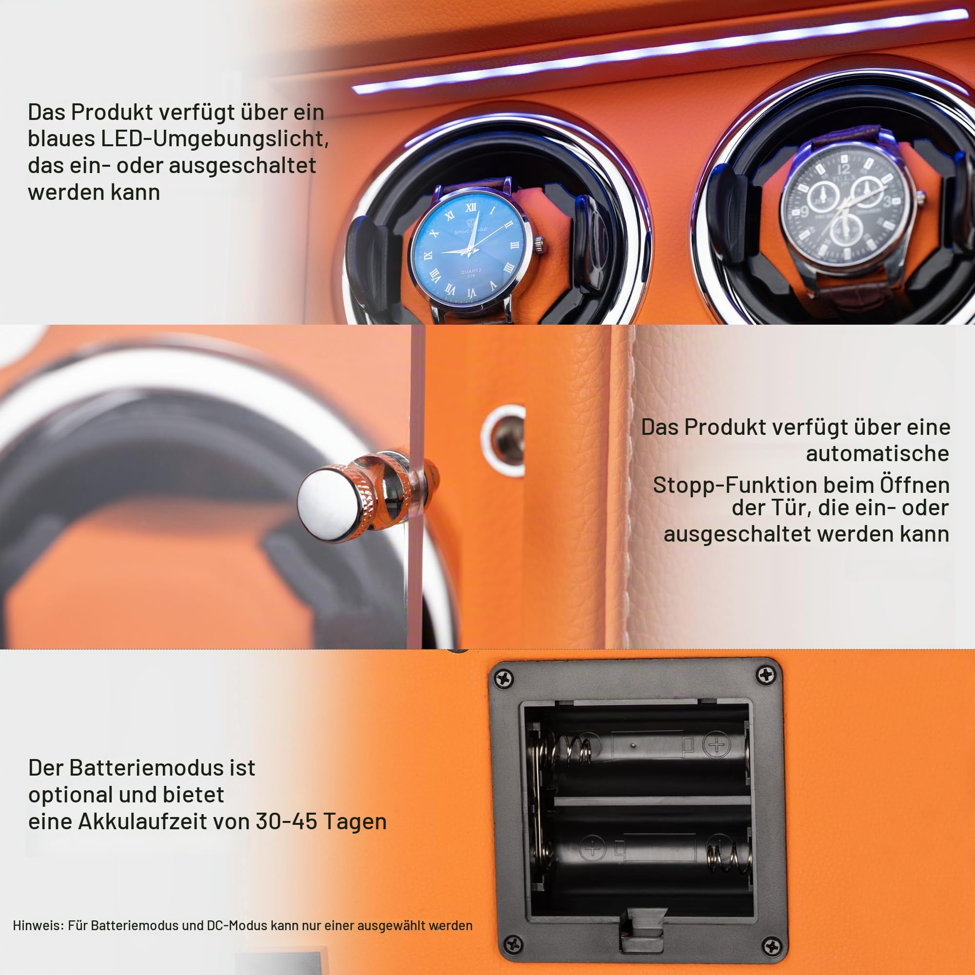 Uhrenbeweger für 2/4/6/9 Automatikuhren, High-End-Lederherstellung, super leiser Mabuchi-Motor, Zwei Leistungsmodi, integrierte LED-Leuchten