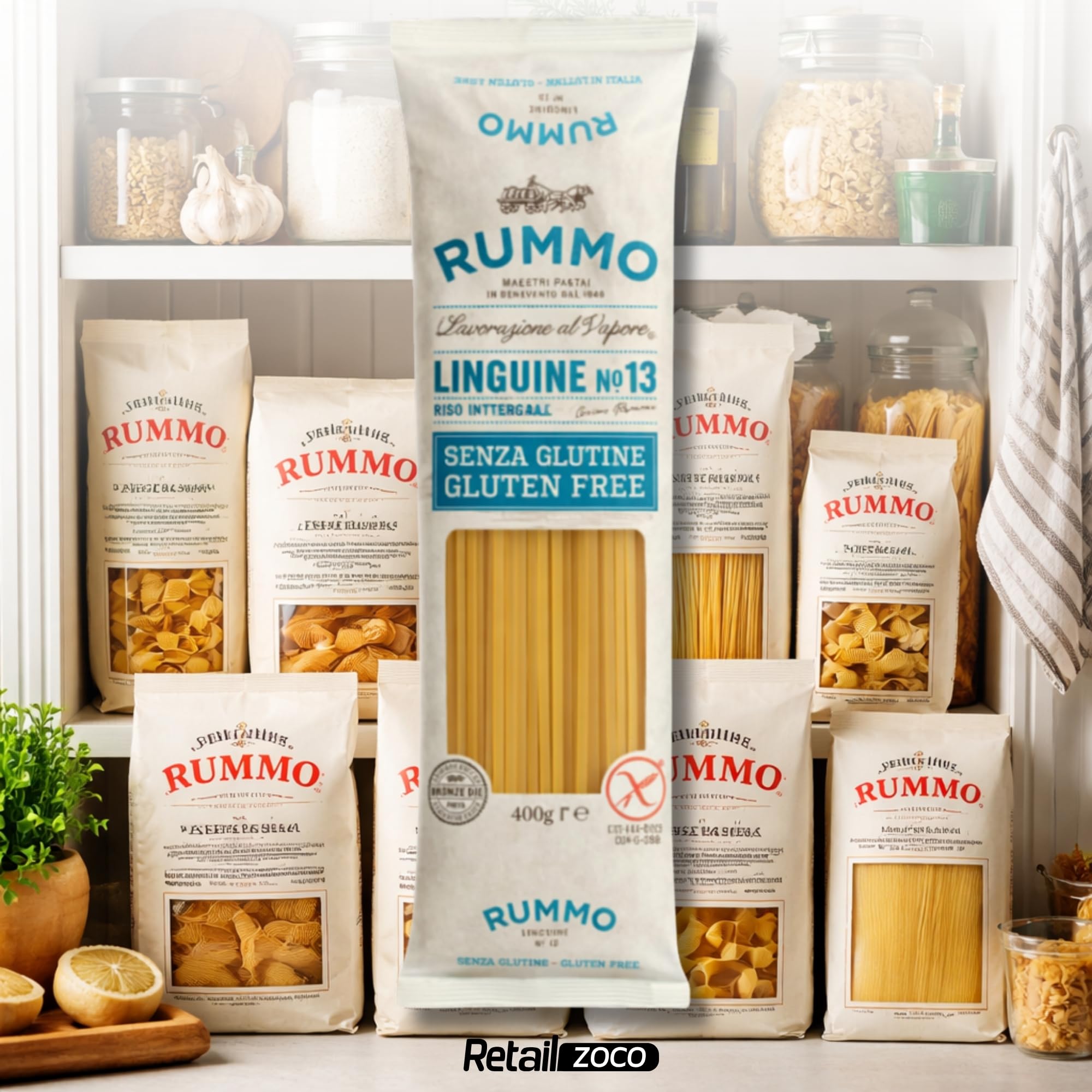 Linguine Rummo Nº13, Pasta Italiana, Pasta sin gluten, Pasta alimenticia con harina de arroz integral y maíz, Sin gluten, Elaboración lenta, 3 Paquete de 400 gr