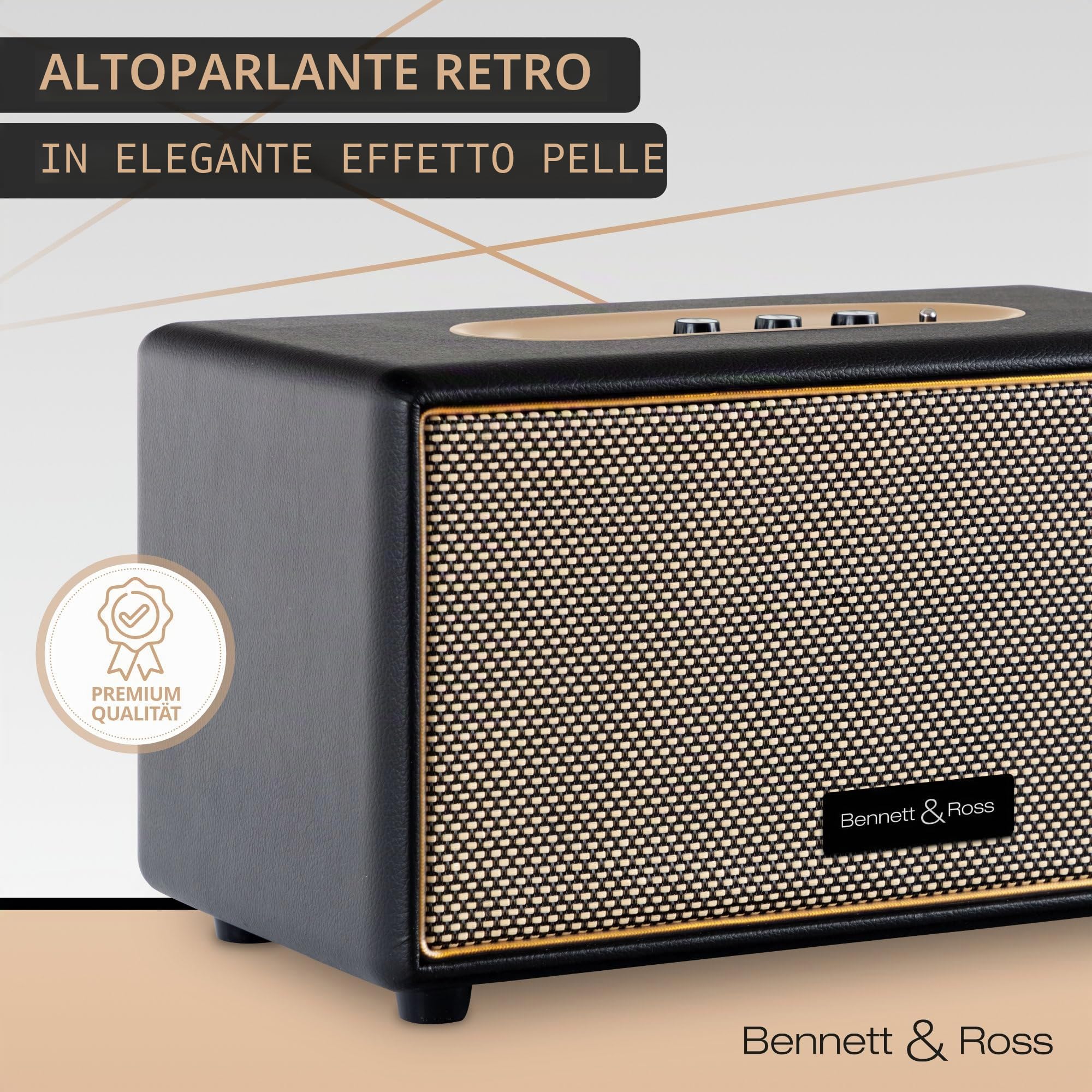 Bennett & Ross BB-860BK Blackmore altoparlante bluetooth retrò in pelle - Altoparlante vintage da 2x 30 W - Speaker ingresso USB con lettore MP3 - Jack da 3,5 mm e ingresso Aux - Cassa nero
