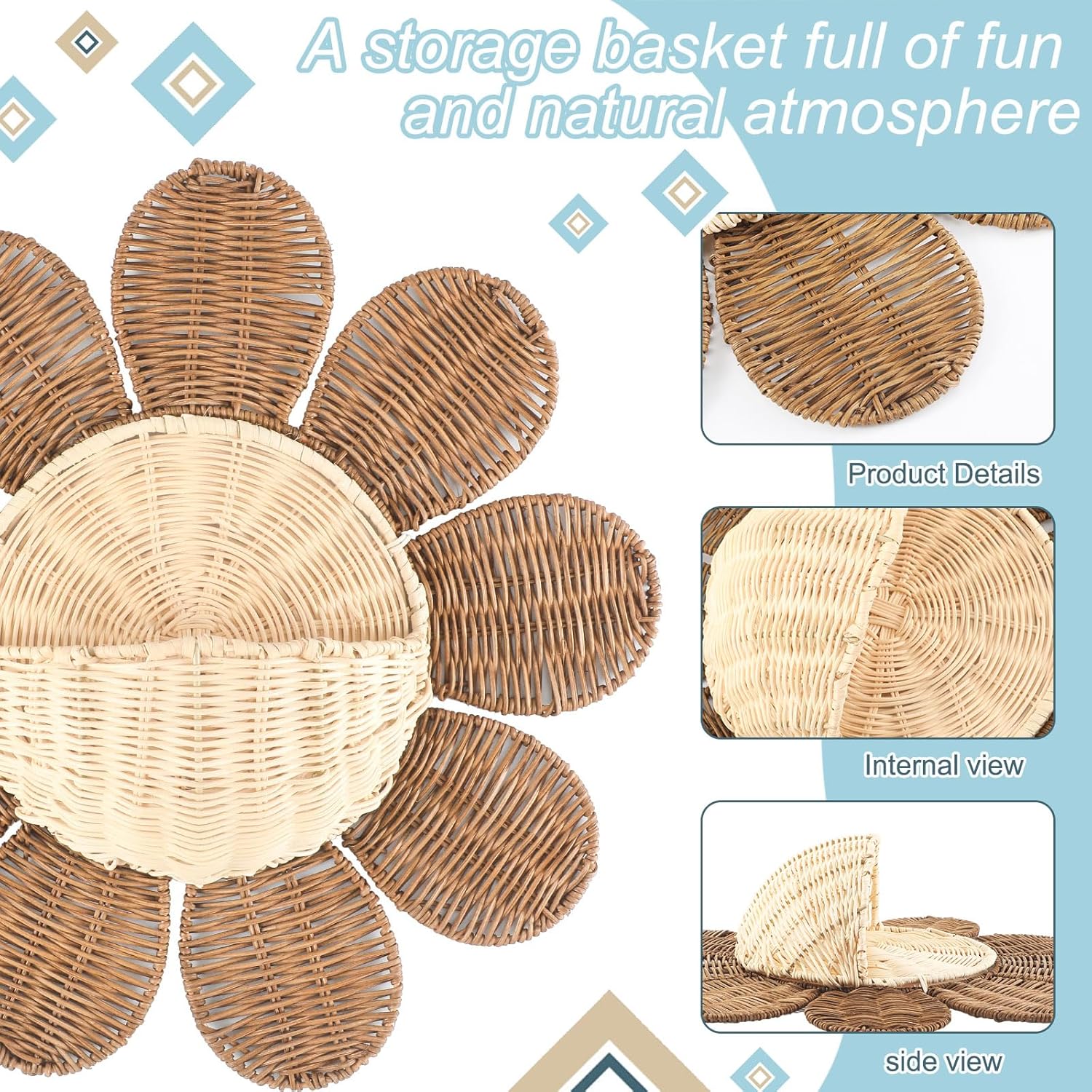 Rattan Daisy Wall Basket Hanging Wicker Baskets for Wall Home Decor, Hanging Woven Rattan Storage for Flowers Front Door Bathroom Storage Daisy Wicker Organizer