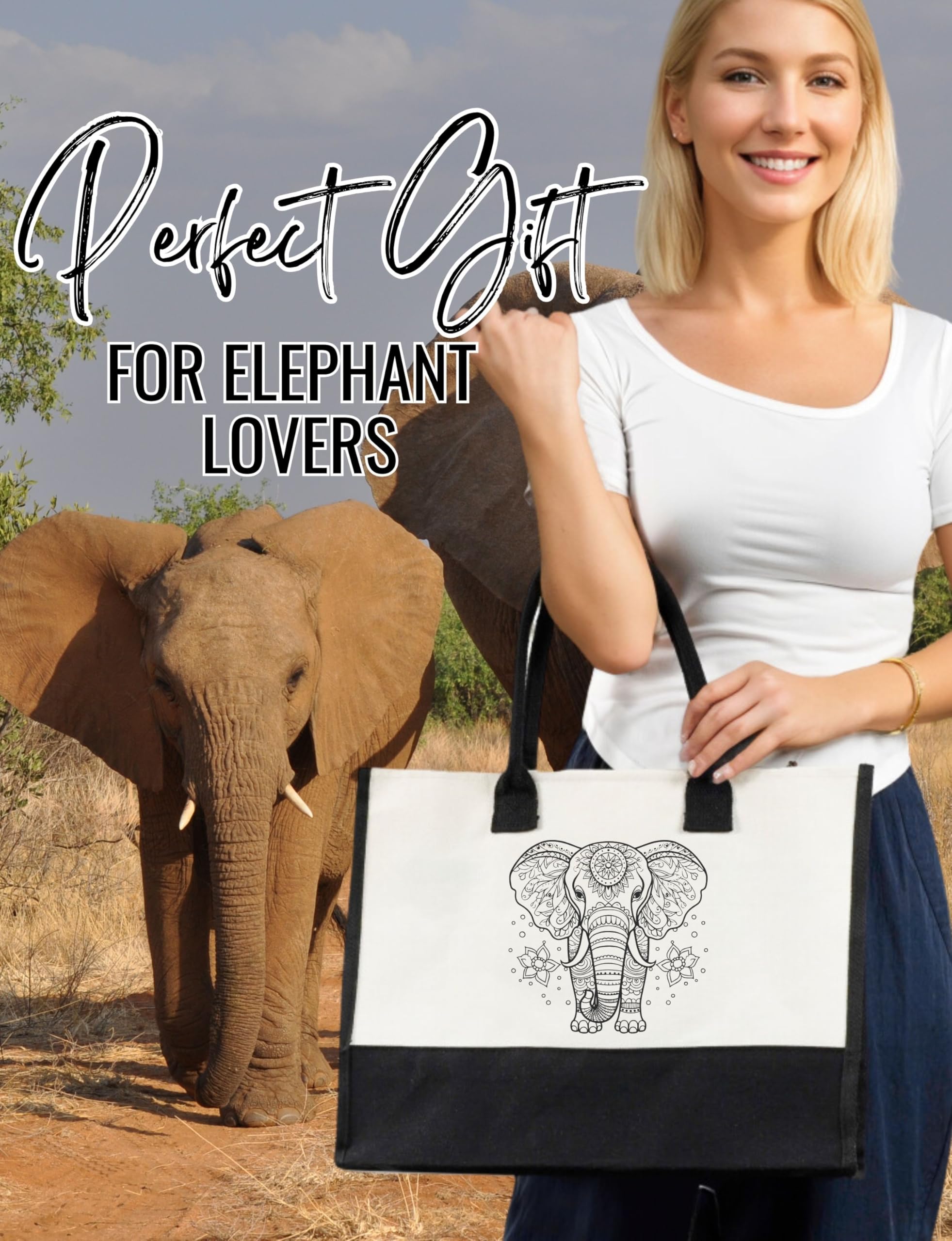 InnoBeta Elephant Gifts for Women, Unique Elephant Tote Bag with Zipper Closure & Shoulder Strap, for Birthday, Christmas