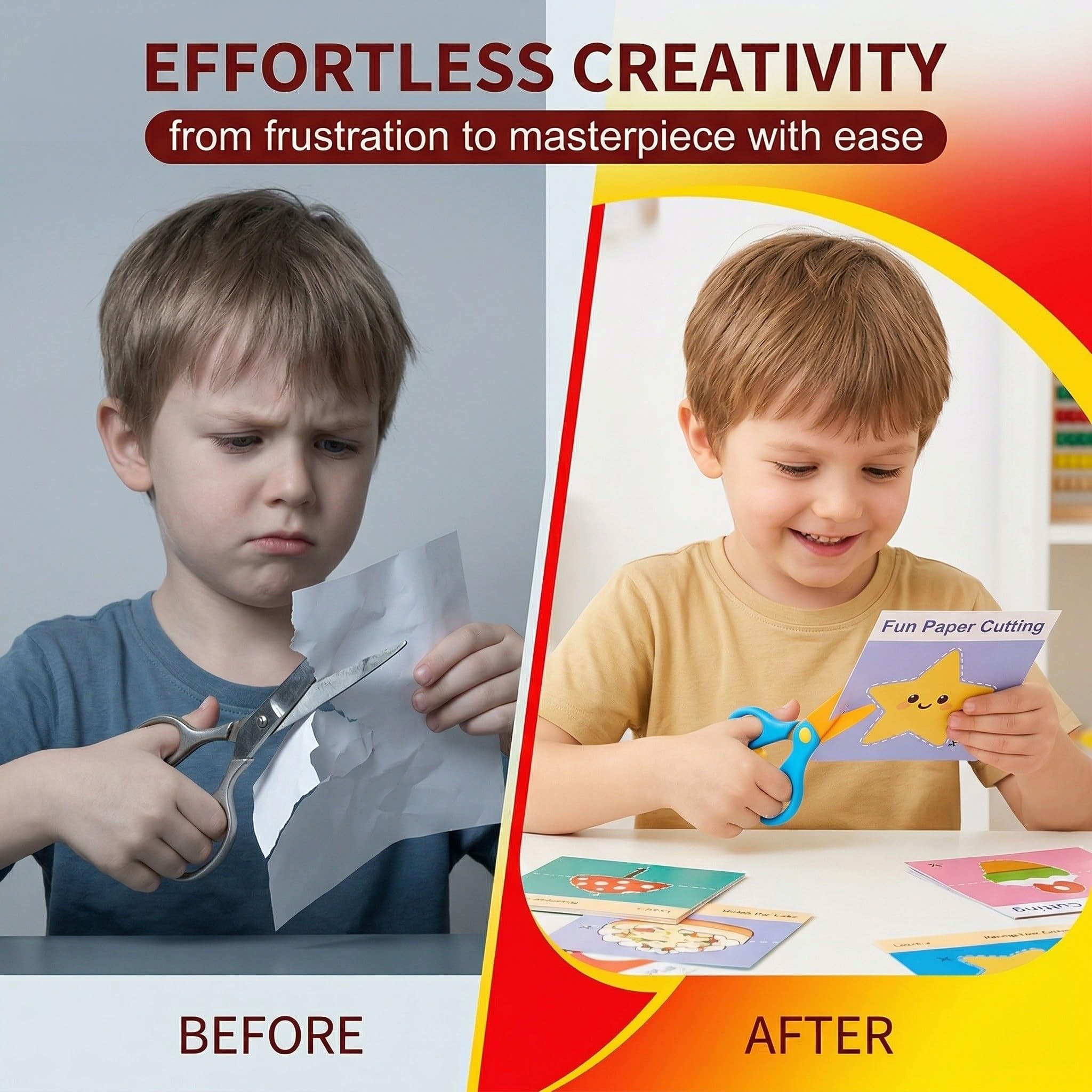Set Taglio Carta per Bambini, Forbici Sicurezza + 30 Fogli, Attività Didattica Creativa per Asilo e Scuola Materna, Giocattolo Educativo(A)