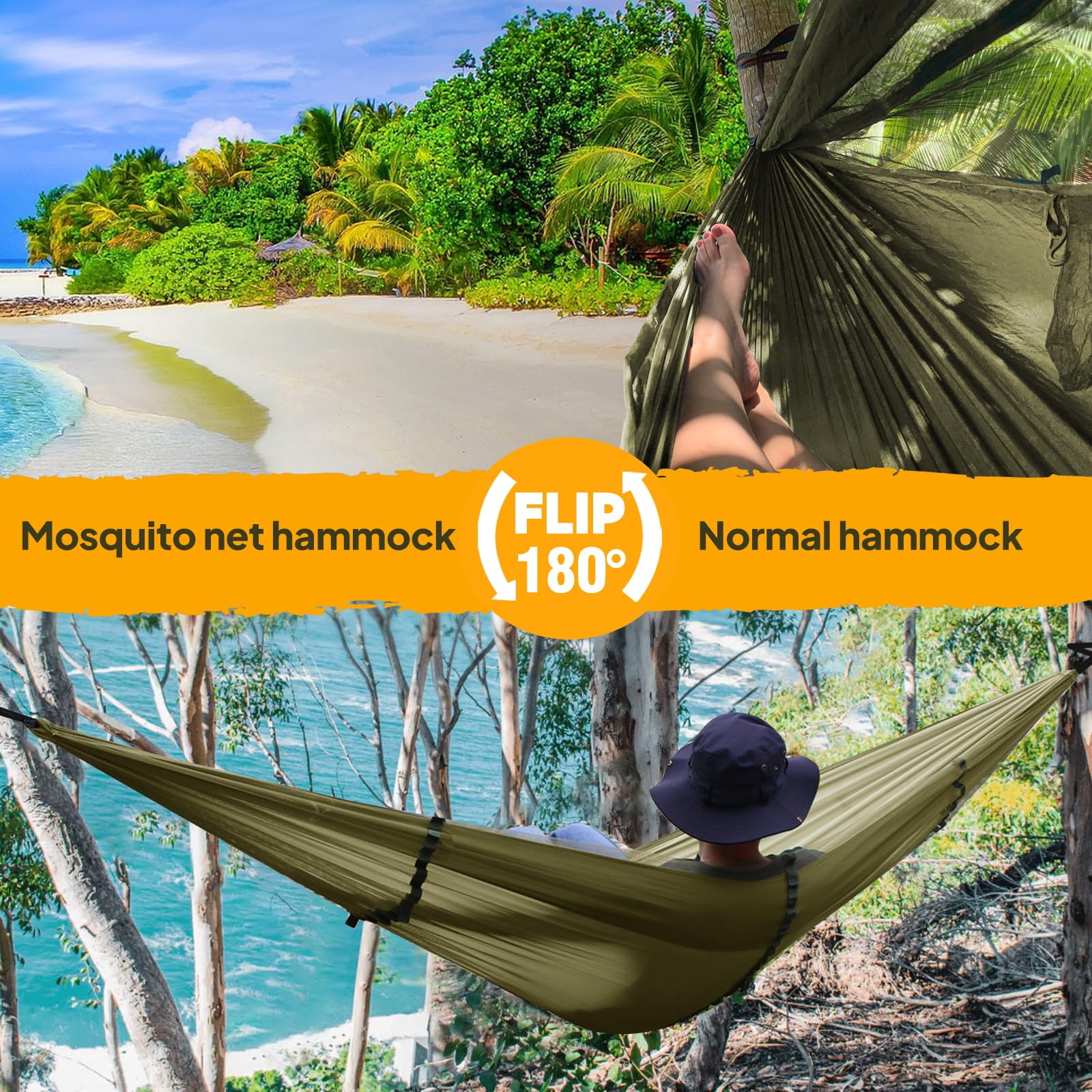 NatureFun Ultraleichte Moskito Netz Camping Hängematte (300 X 200 cm) 300kg Tragfähigkeit,Atmungsaktiv, schnell trocknende Fallschirm Nylon Enthalten 2 x Premium Karabinerhaken 4 x Nylonschlingen
