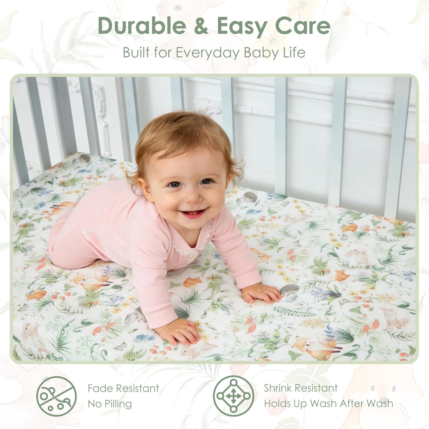 Crib Sheets 2 Pack, 100% Cotton Fitted Crib Sheets for Baby Boys & Girls, Soft Breathable Baby Crib Sheet, Snug Fit for 52 x 28 Mattress (3–8"), Nursery Bedding Set, Woodland Friends