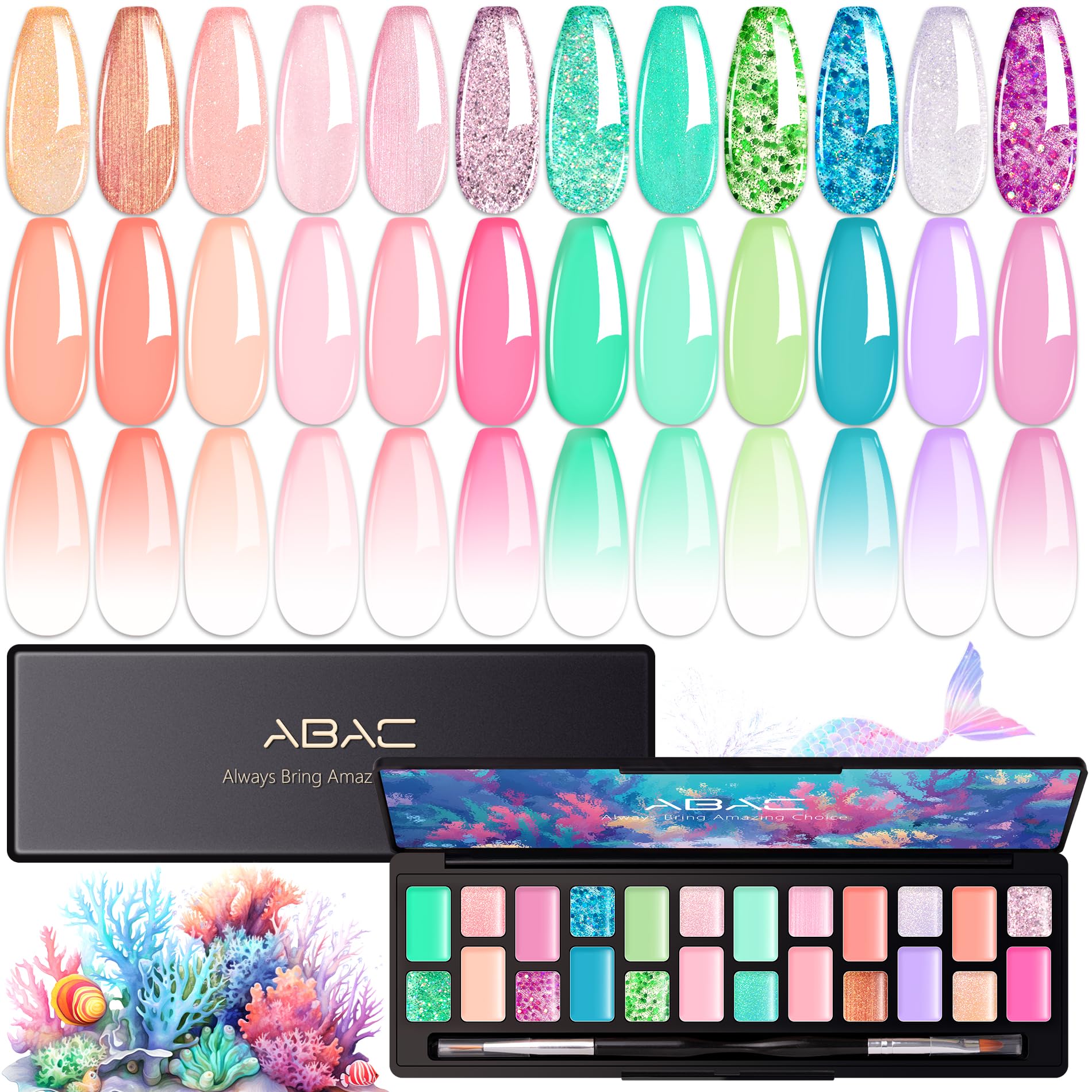 ABAC 24 Color Hema-Free Glitter Solid Gel Nail Polish,Ombre Gel Nail Polish,Pat Paint Nail Gel- Mermaid Ocean & Coral Reef Shades w/Pro Dual Brush Clump-Free for Pool Party,Spring/Summer Soak Off Gel