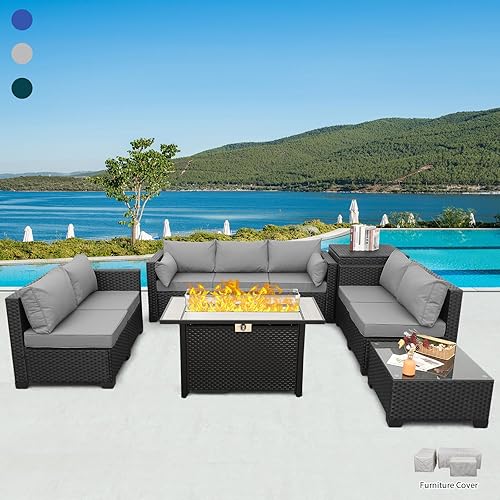 Rattaner 6 PCS Patio Furniture Set Fire Table Outdoor Furniture Sets 45 Inches Gas Fire Pit with Outdoor Storage Box Glass Coffee Table and Waterproof Covers Anti-Slip Light Grey Cushions