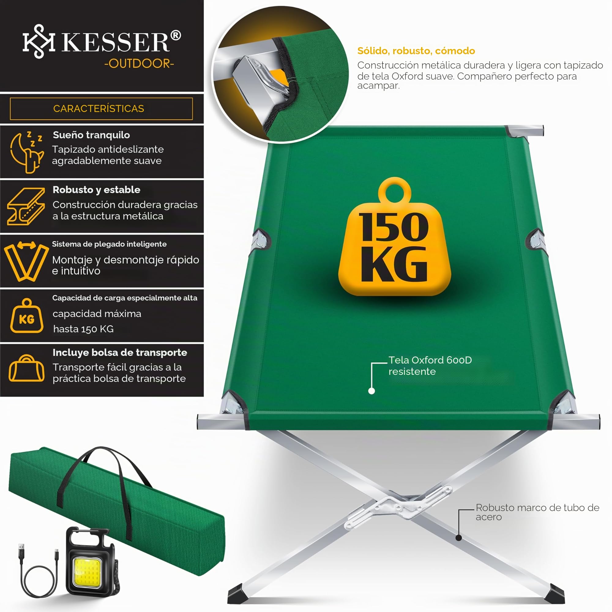 KESSER® Cama de Camping Plegable Resistente con Bolsa de Transporte, Bolsillo Lateral y Luz de Camping | 190x73x45cm hasta 150 kg Tubo de Metal | Tela Oxford 600D Portátil Cómoda | Verde