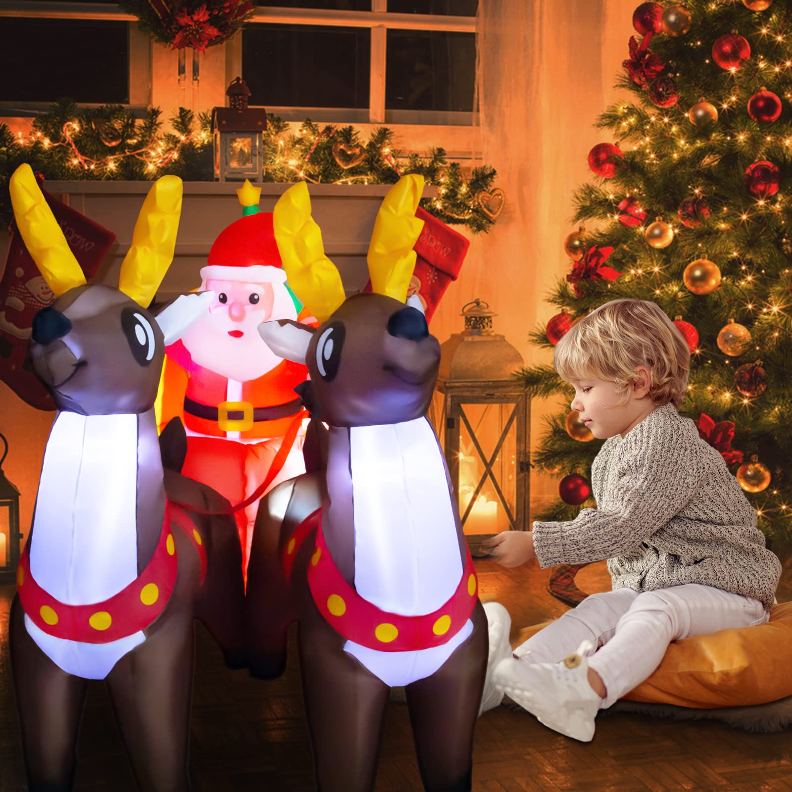 7FT Christmas Inflatables Outdoor Decorations, Christmas Blow up Yard Decor, Santa Claus on The Sleigh with 2 Reindeer, Christmas Ornaments Built-in Led Lights for Xmas Holiday Garden